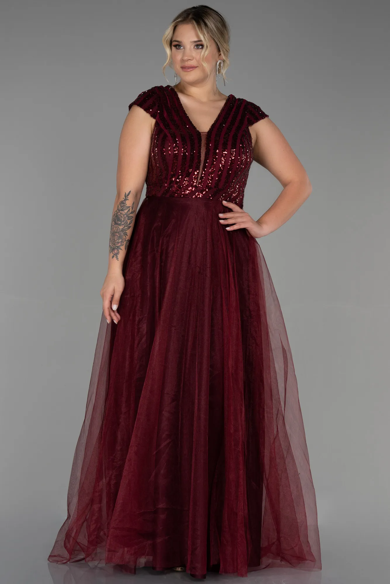 Burgundy-Long Plus Size Evening Dress ABU3281