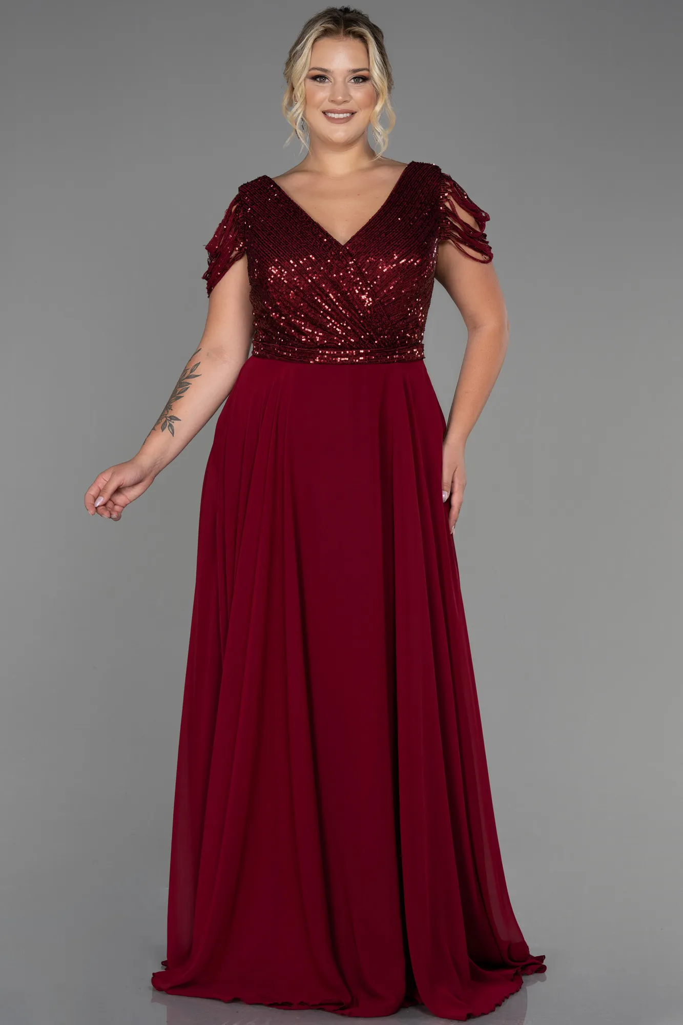 Burgundy-Long Plus Size Evening Dress ABU828