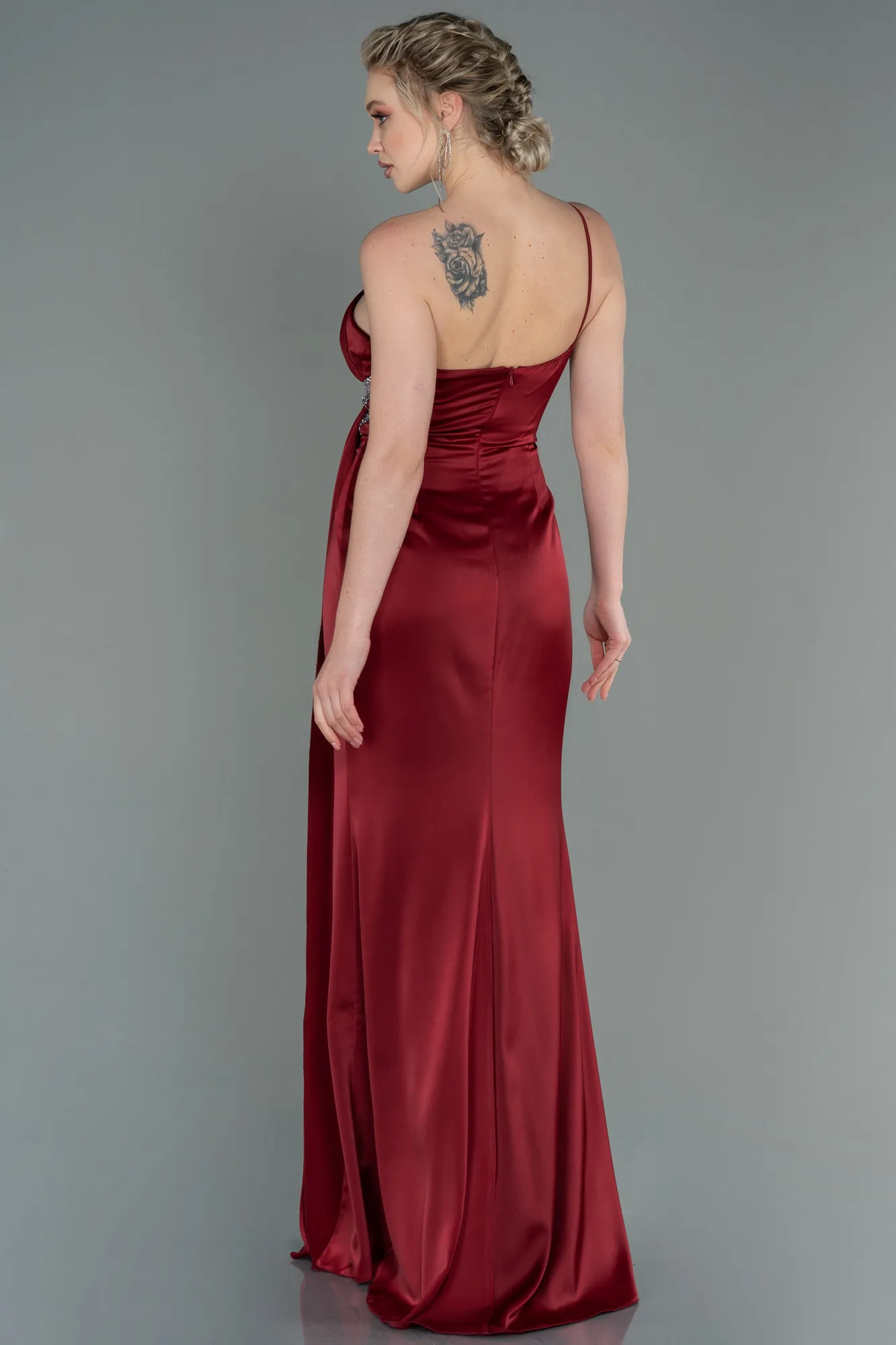 Burgundy-Long Satin Engagement Dress ABU3088