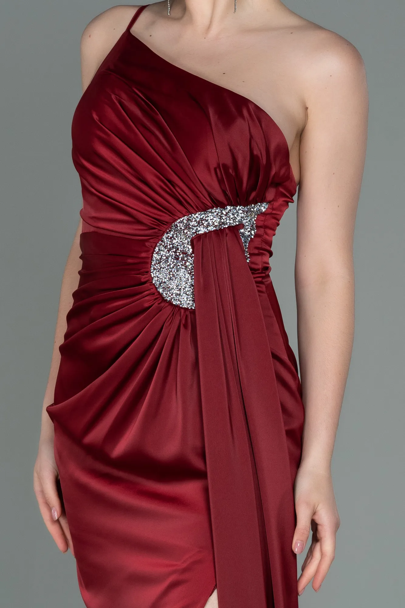 Burgundy-Long Satin Engagement Dress ABU3088