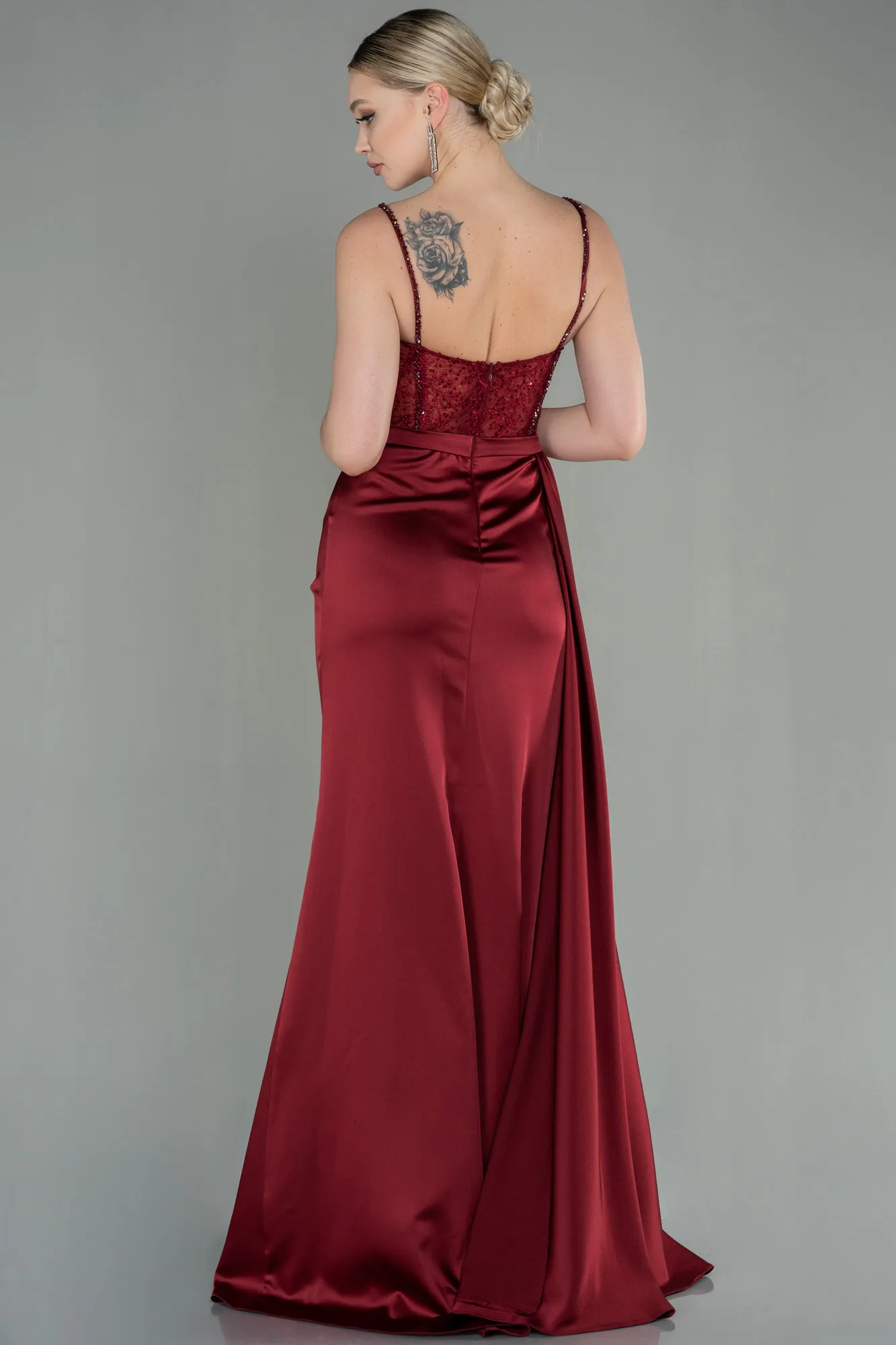 Burgundy-Long Satin Evening Dress ABU2130