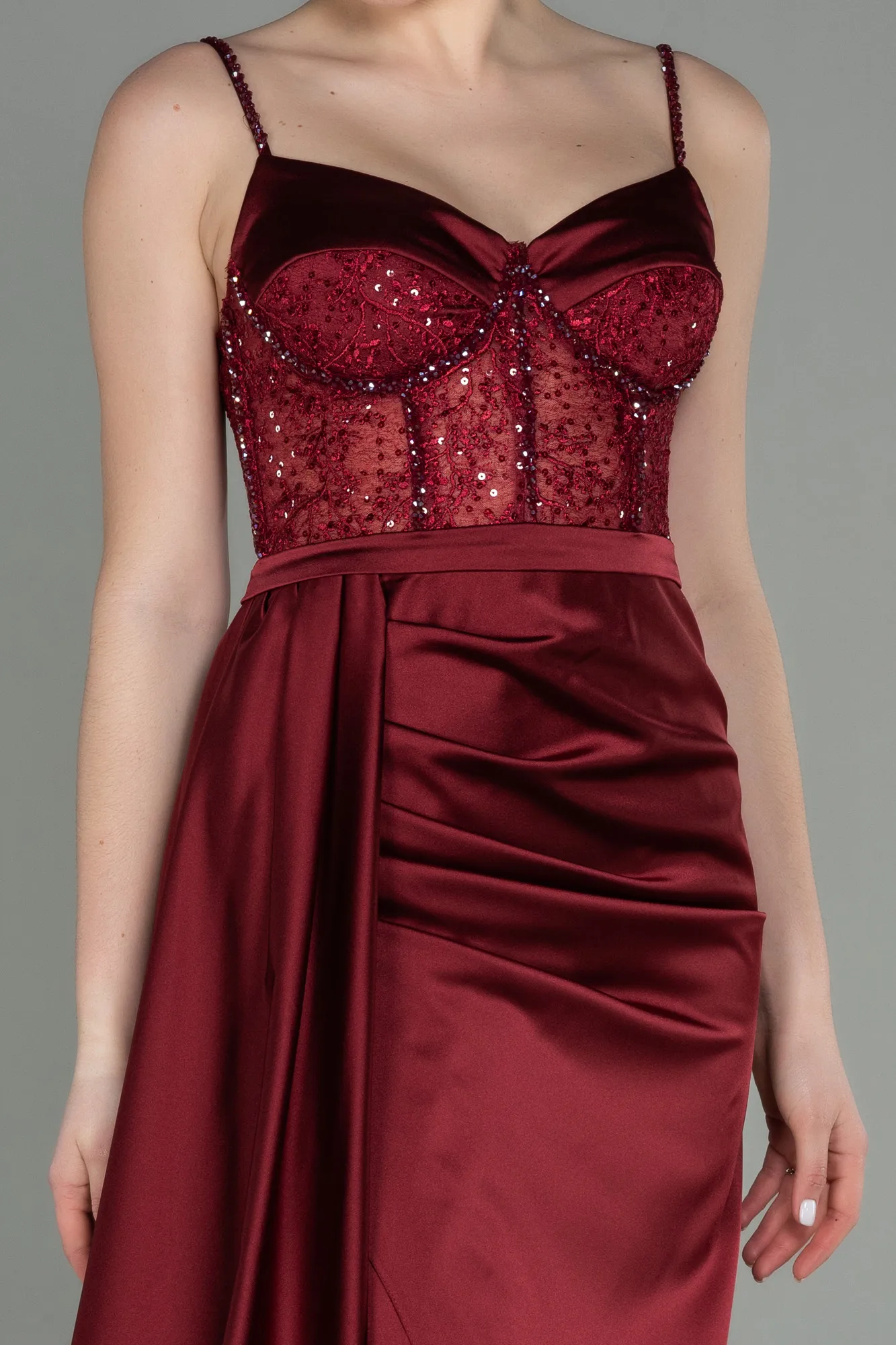Burgundy-Long Satin Evening Dress ABU2130