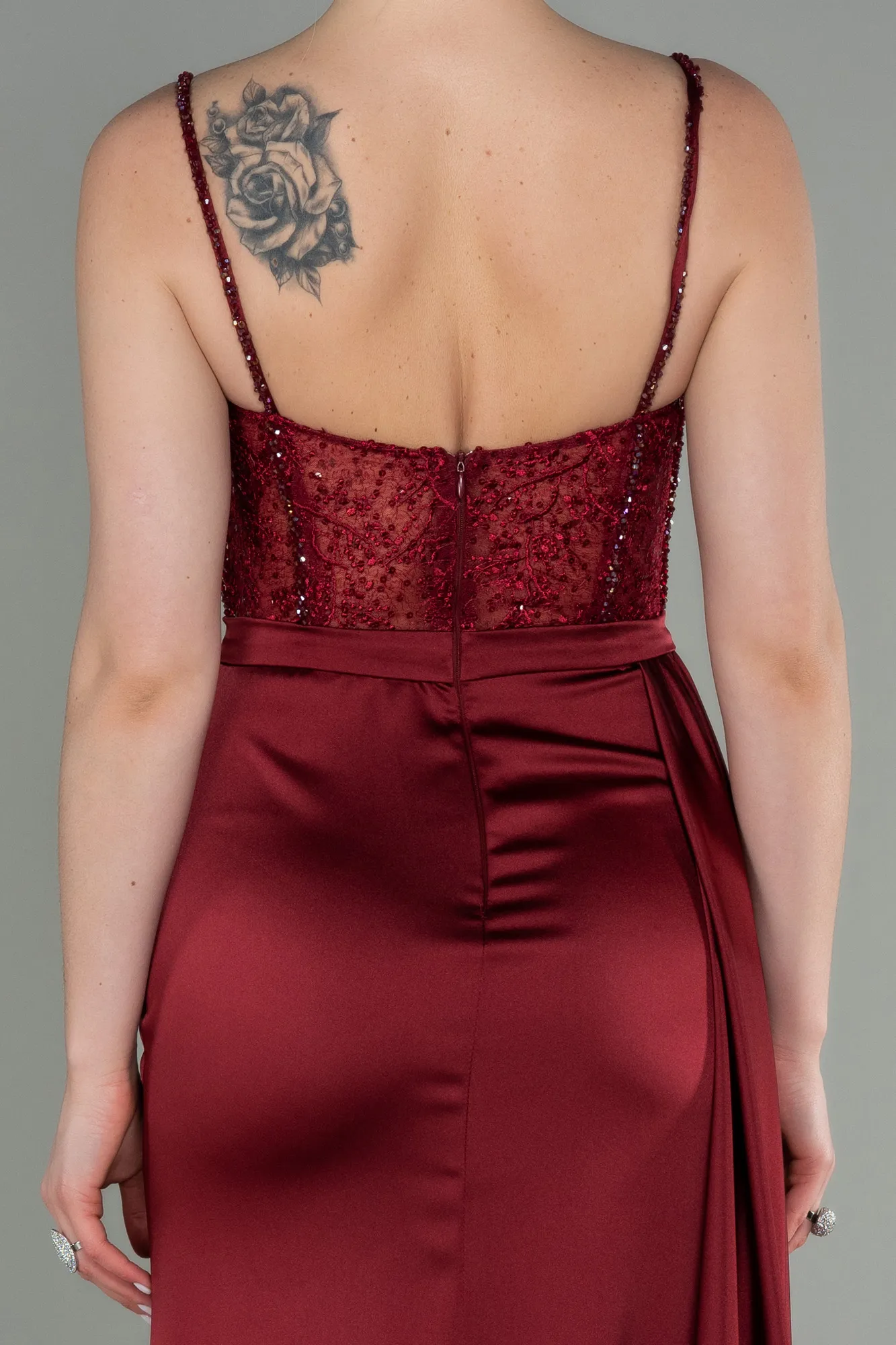 Burgundy-Long Satin Evening Dress ABU2130