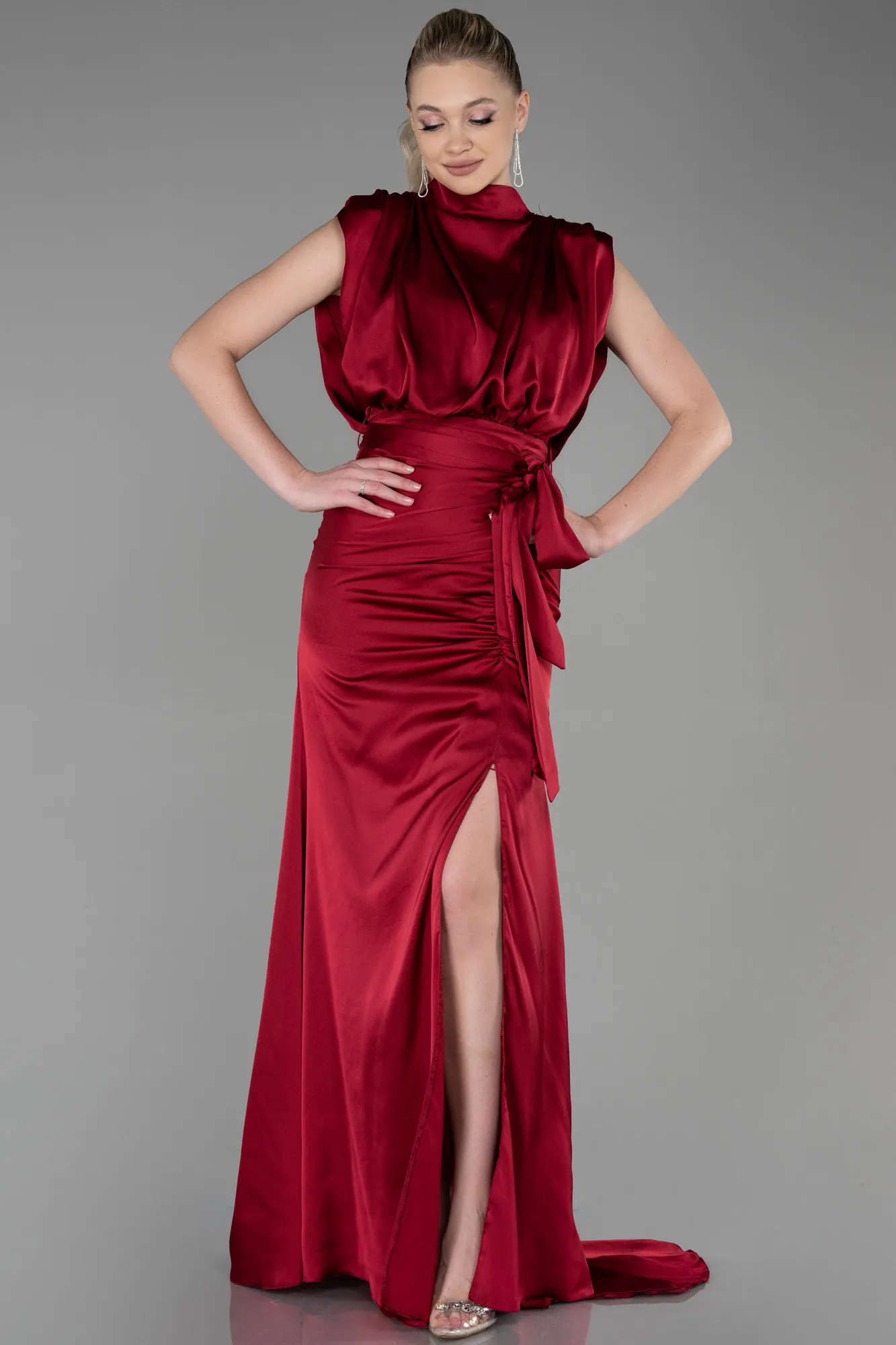 Burgundy-Long Satin Evening Dress ABU2133