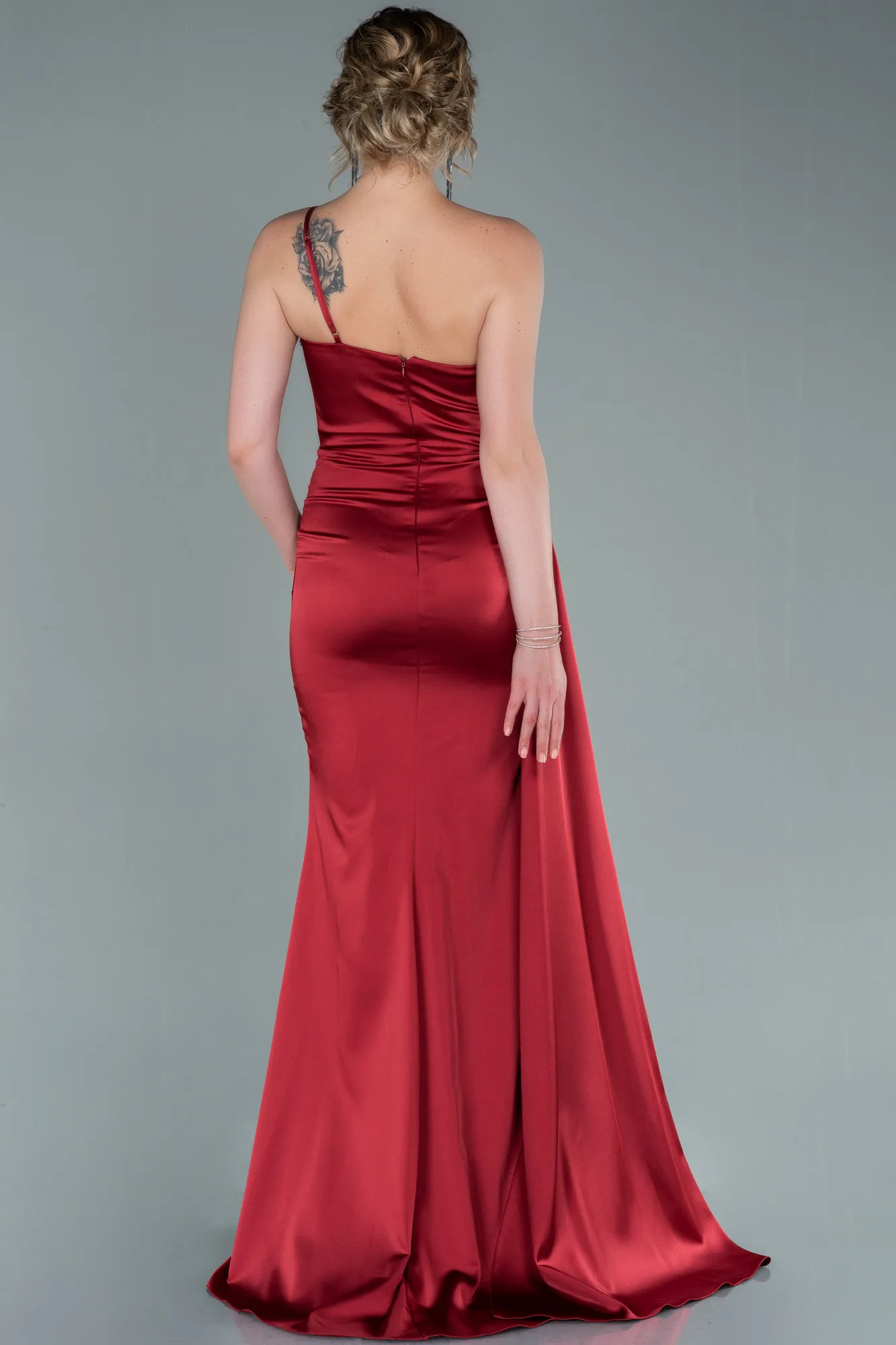 Burgundy-Long Satin Evening Dress ABU2386