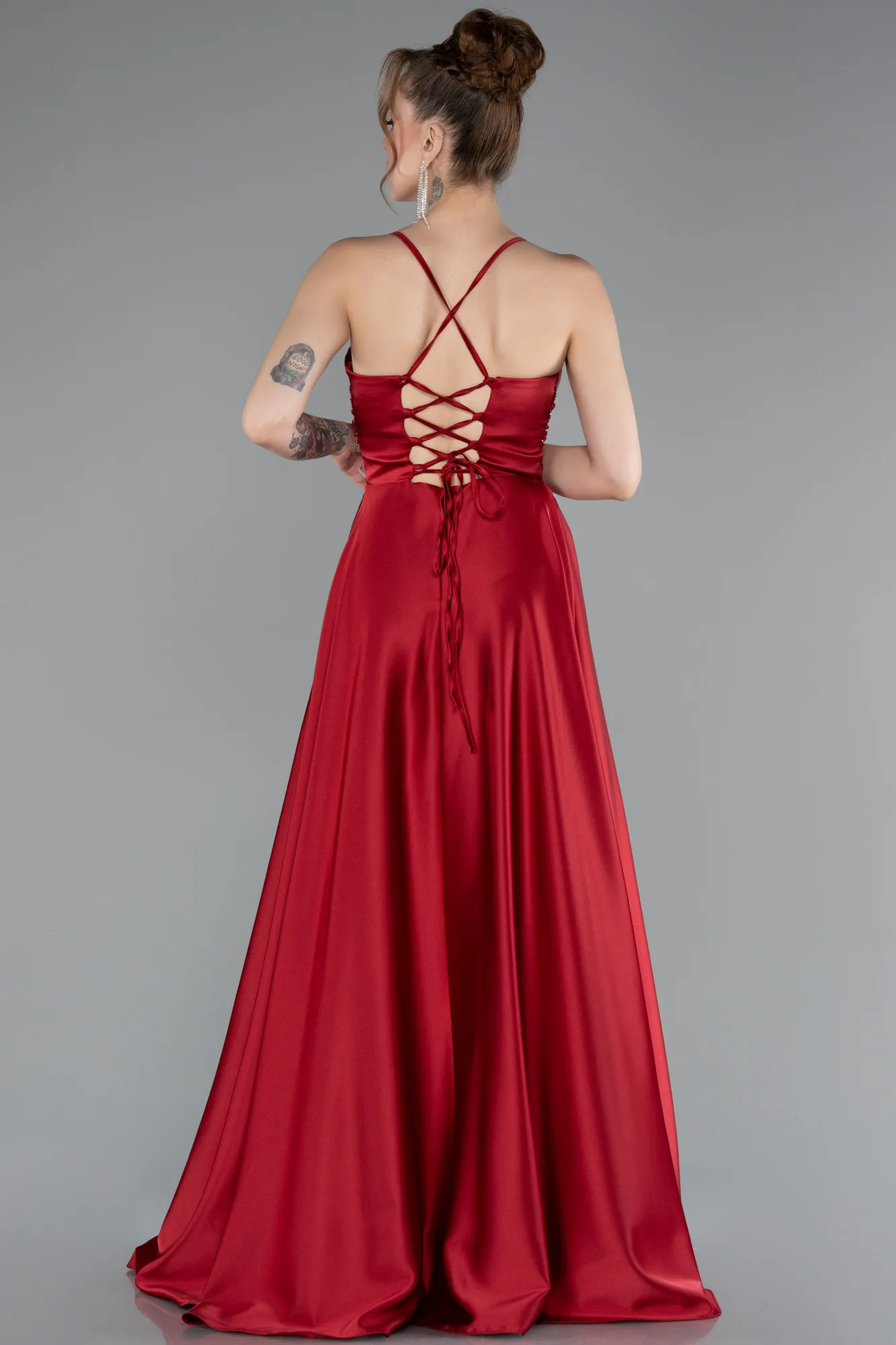 Burgundy-Long Satin Evening Dress ABU2583