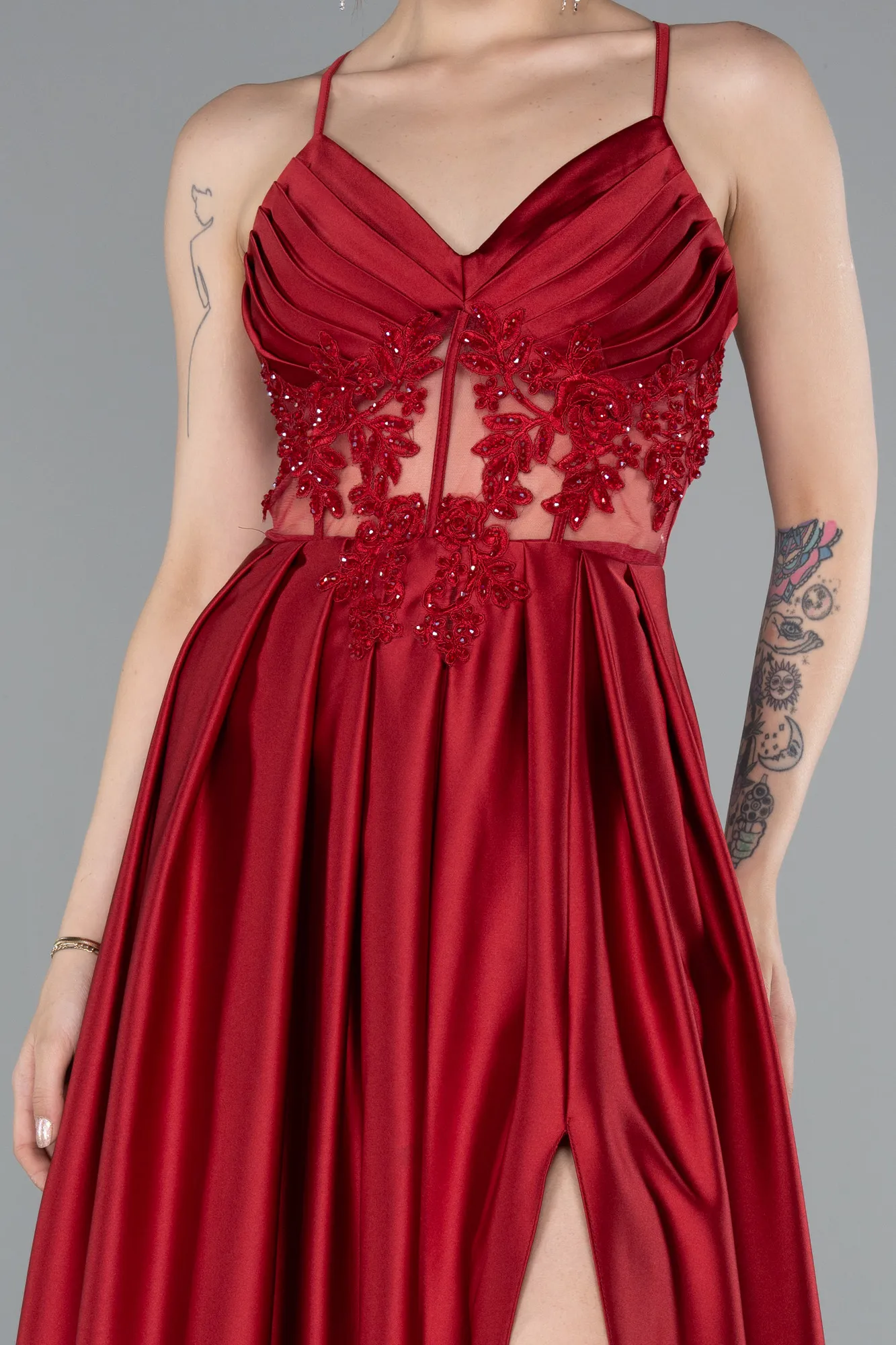 Burgundy-Long Satin Evening Dress ABU2583