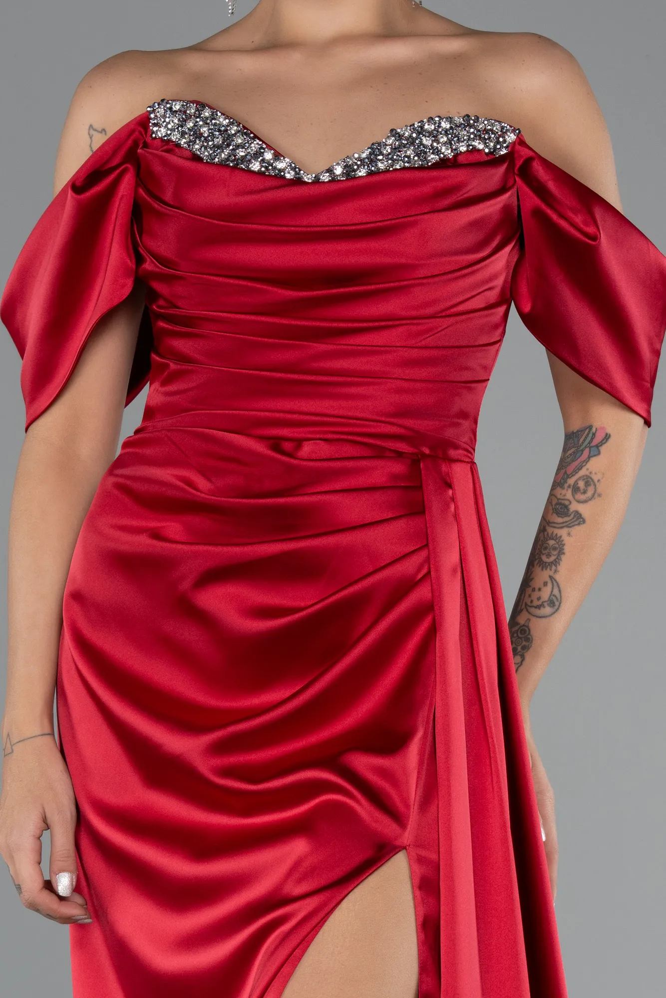 Burgundy-Long Satin Evening Dress ABU2661