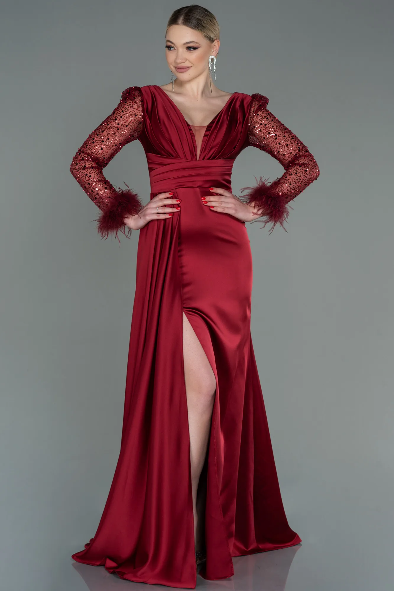 Burgundy-Long Satin Evening Dress ABU3080