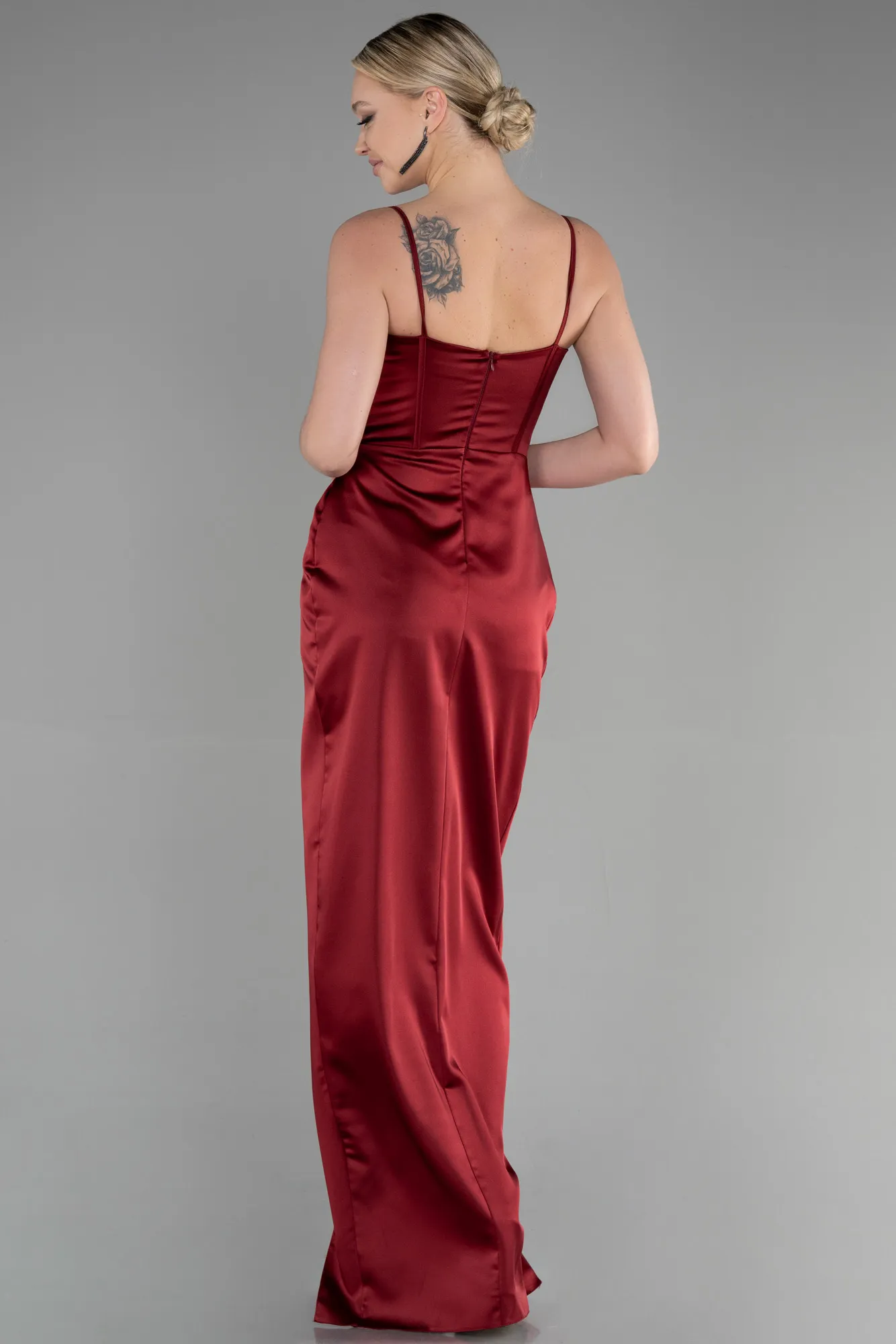 Burgundy-Long Satin Evening Dress ABU3390