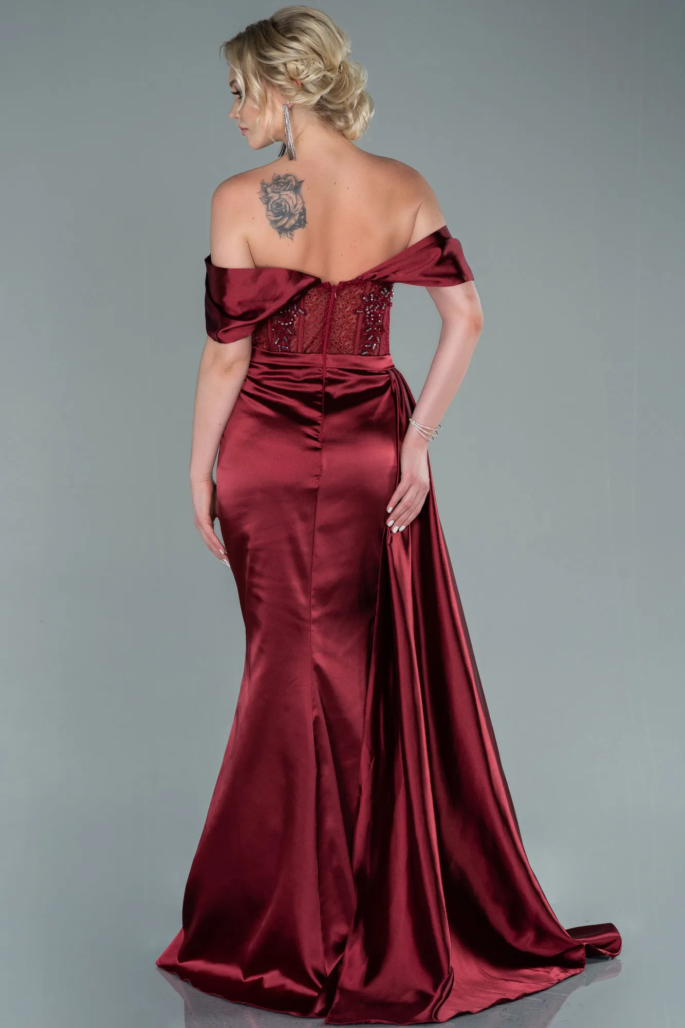 Burgundy-Long Satin Evening Dress ABU3446