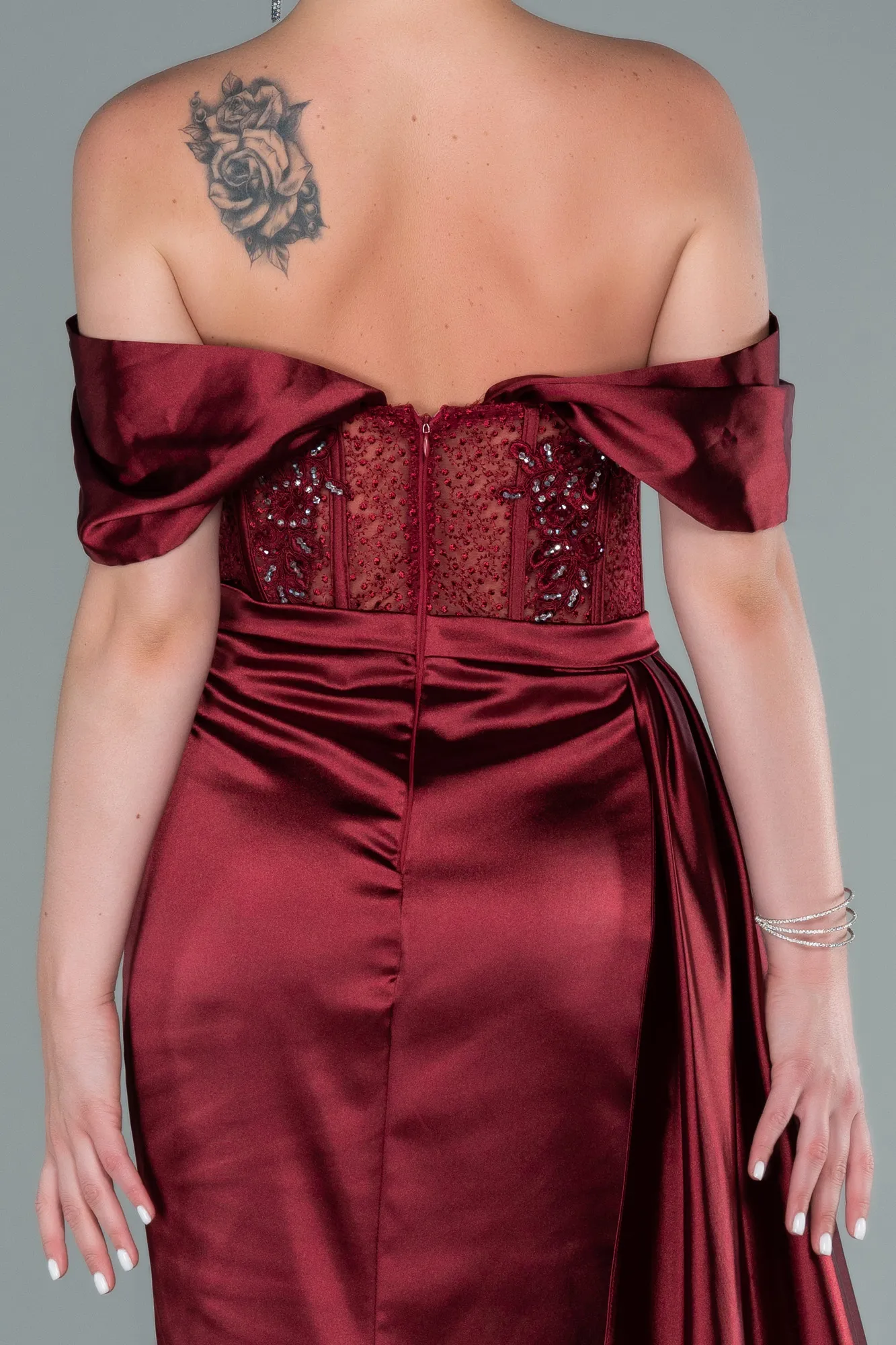 Burgundy-Long Satin Evening Dress ABU3446
