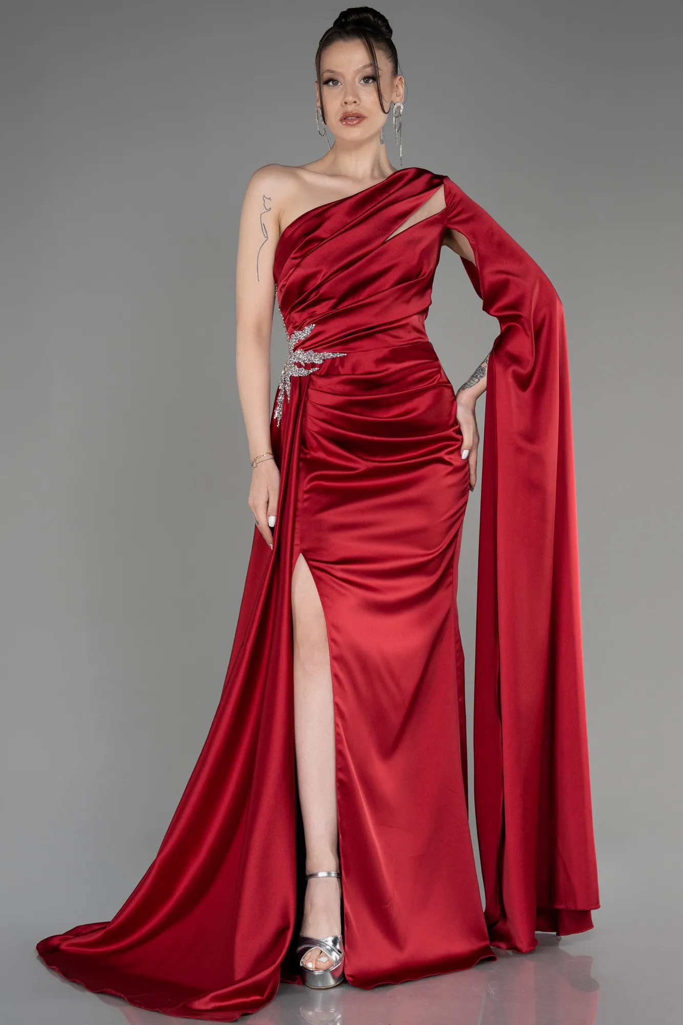 Burgundy-Long Satin Evening Dress ABU3545