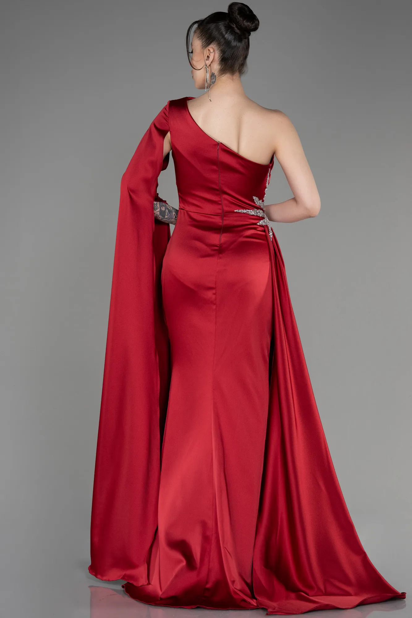 Burgundy-Long Satin Evening Dress ABU3545