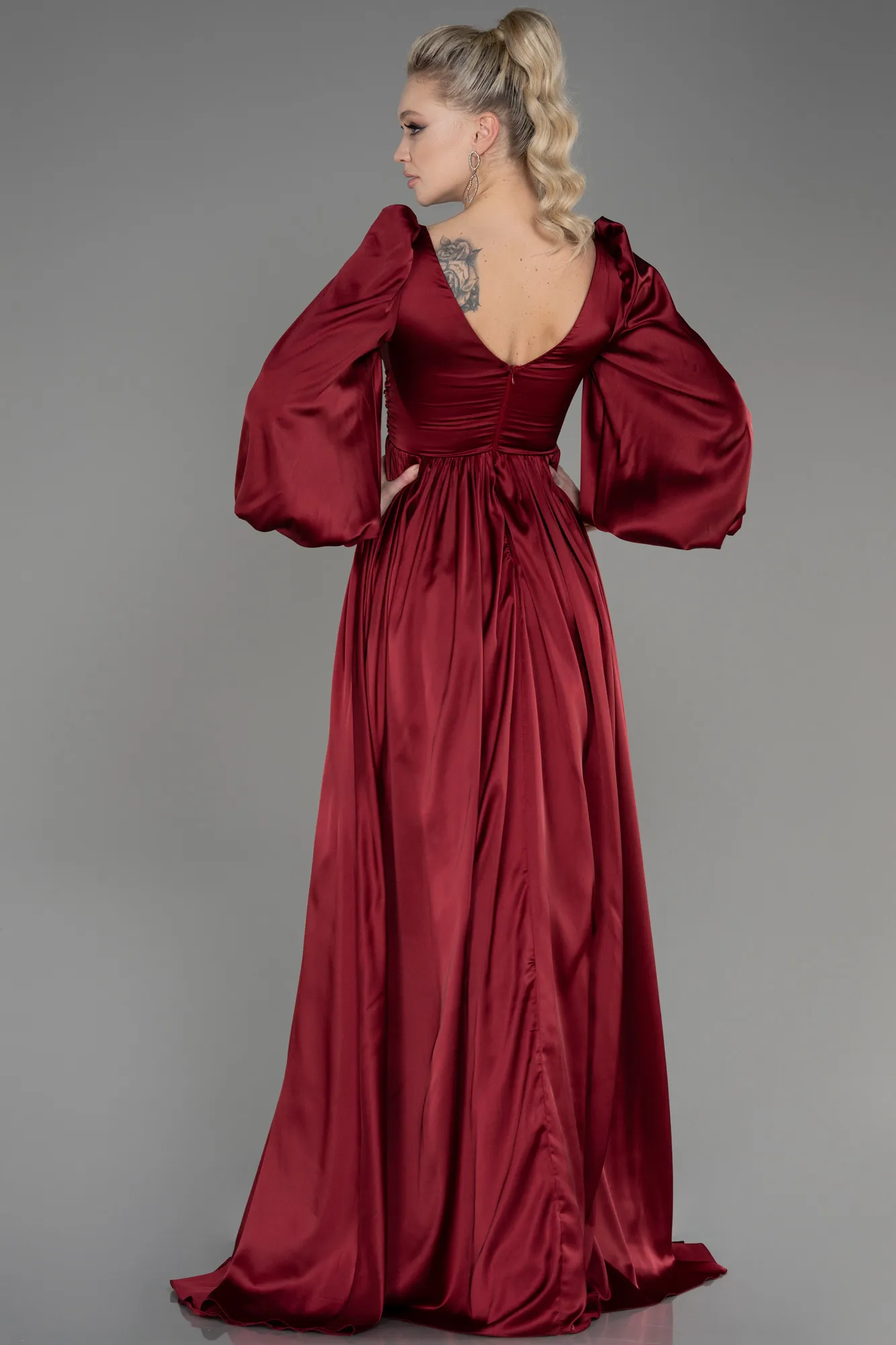 Burgundy-Long Satin Evening Dress ABU3710