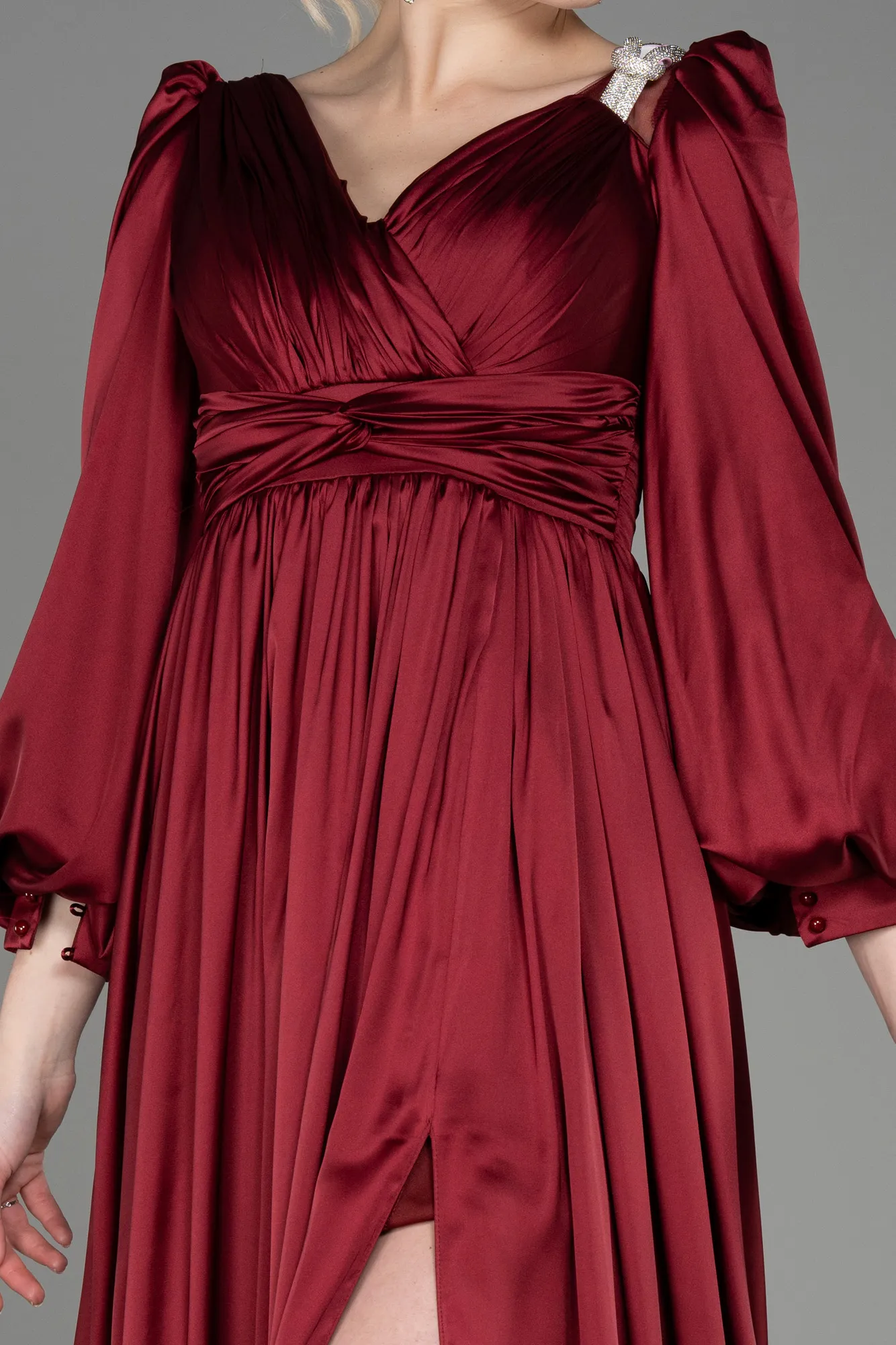 Burgundy-Long Satin Evening Dress ABU3710