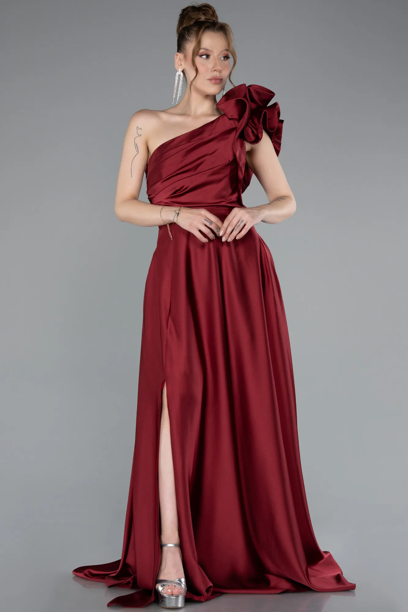 Burgundy-Long Satin Evening Dress ABU4189
