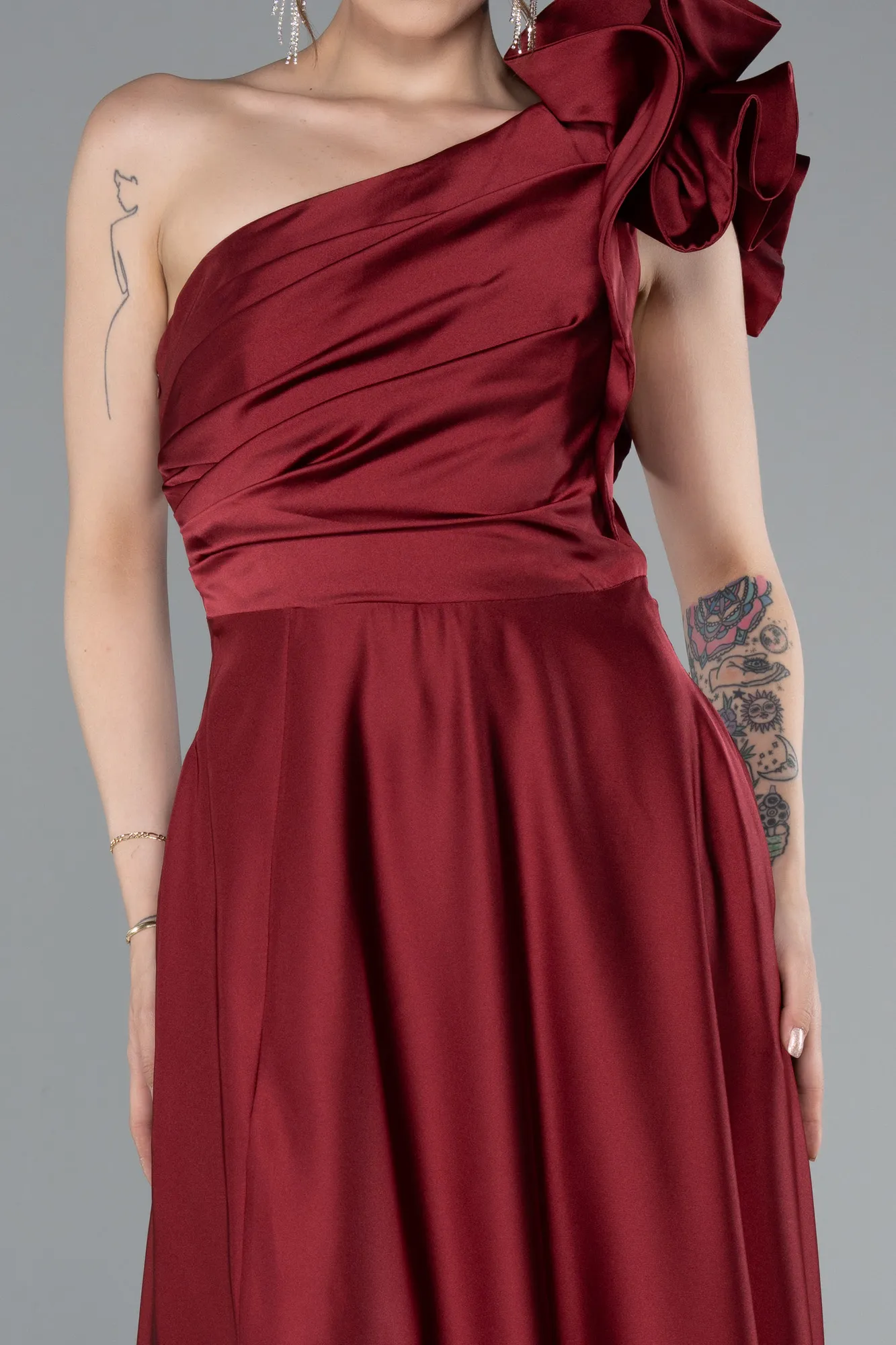 Burgundy-Long Satin Evening Dress ABU4189