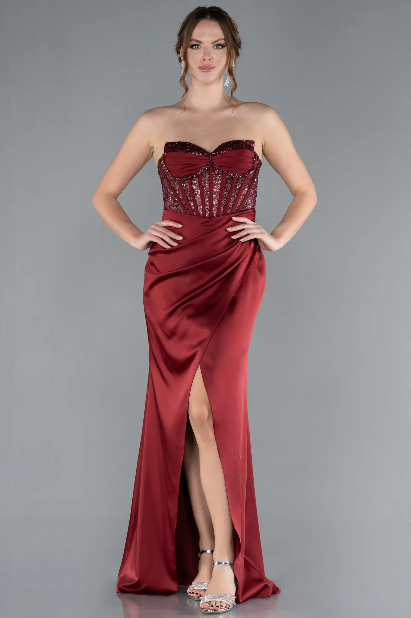 Burgundy-Long Satin Evening Dress ABU4568