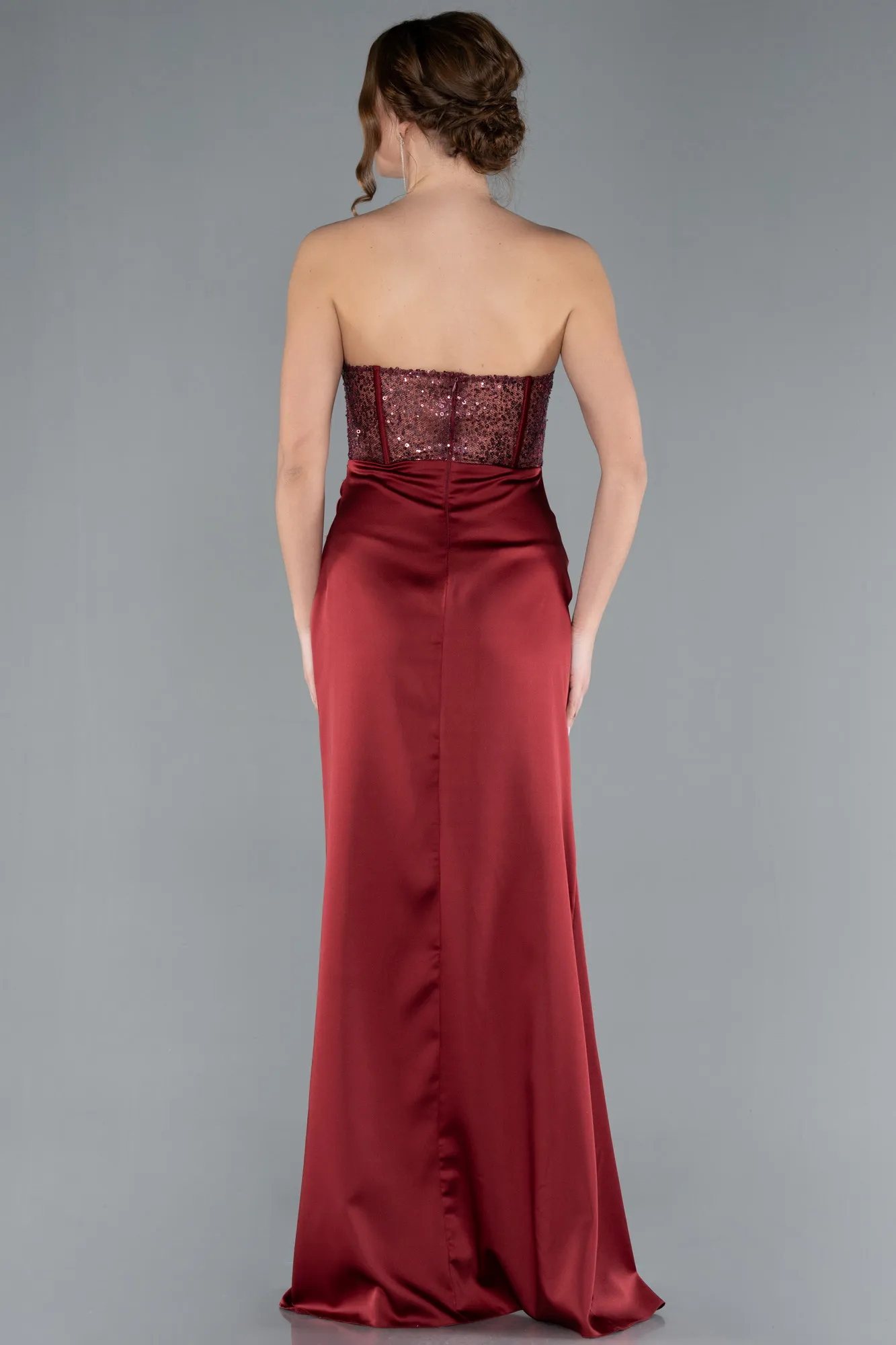 Burgundy-Long Satin Evening Dress ABU4568