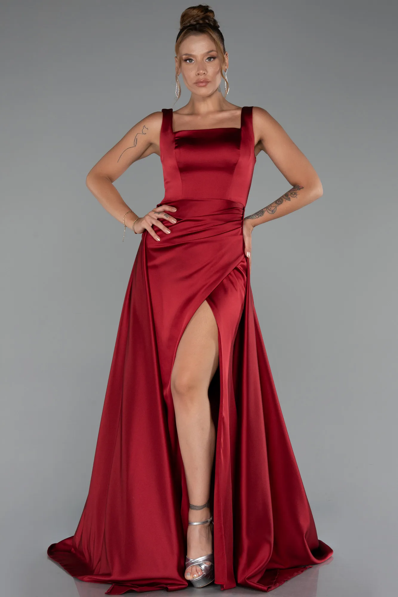 Burgundy-Long Satin Evening Dress ABU4715