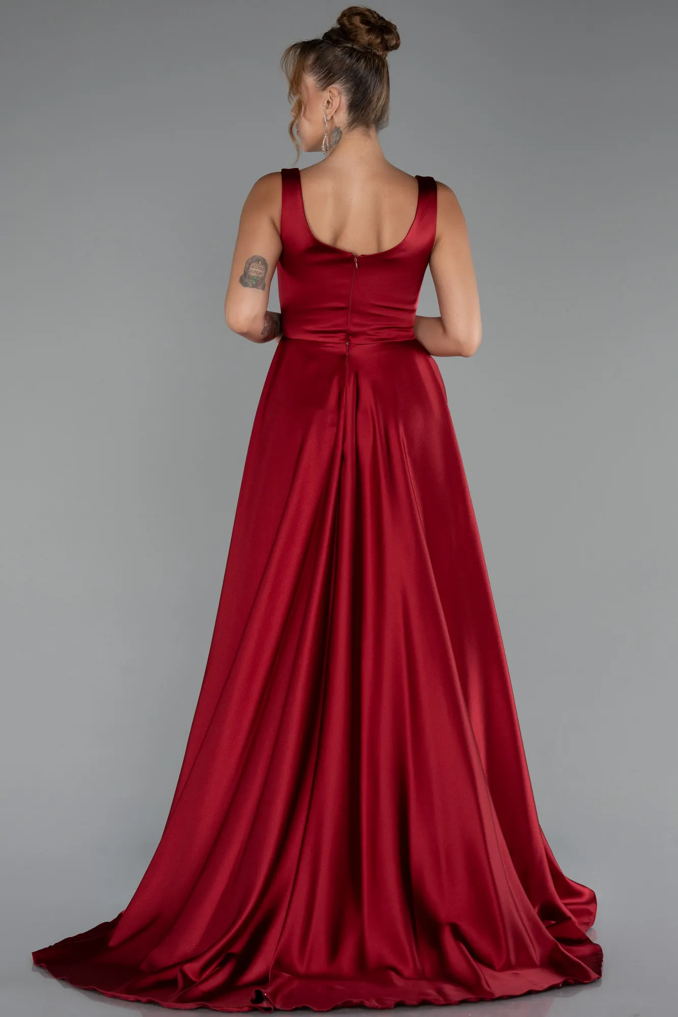 Burgundy-Long Satin Evening Dress ABU4715