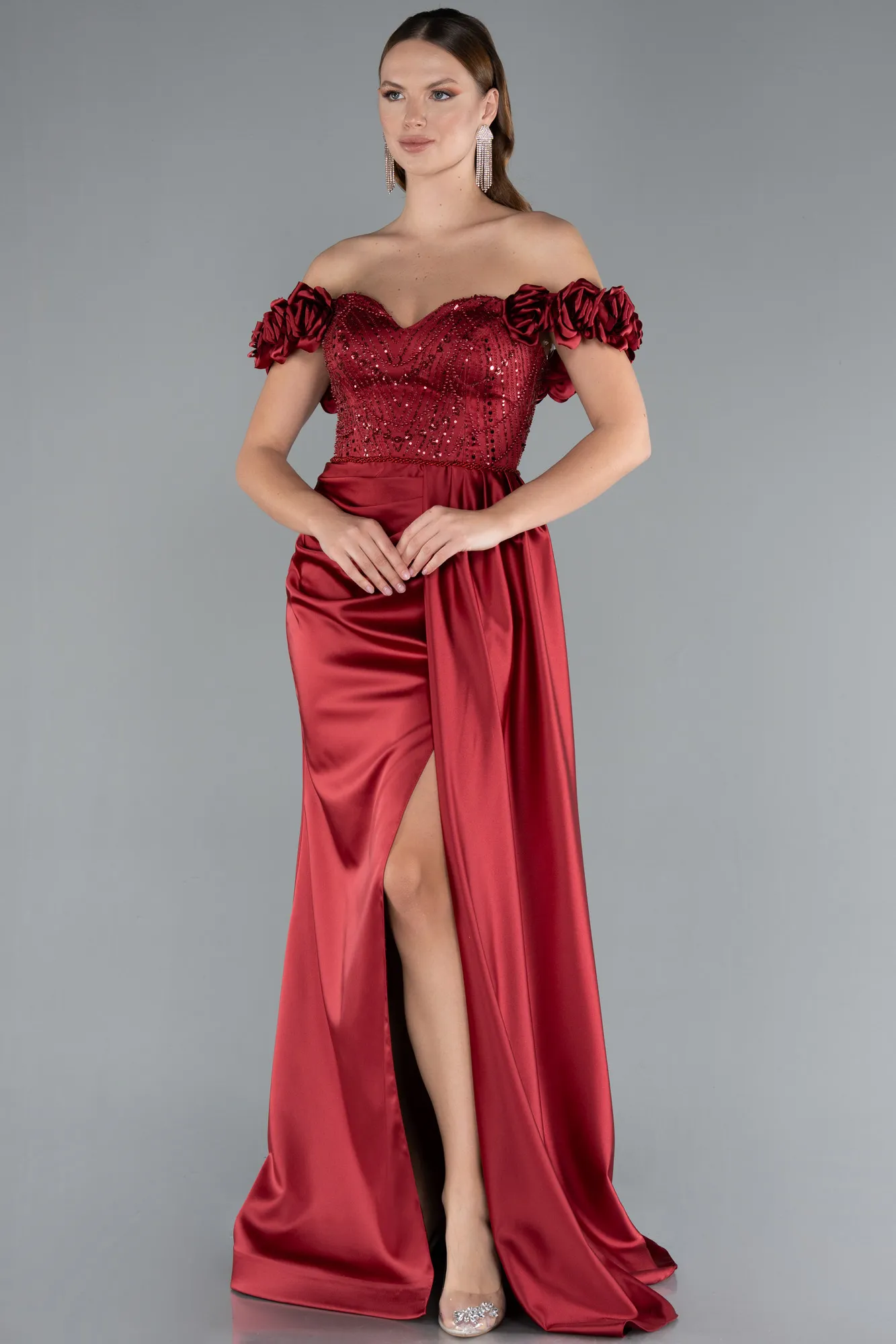 Burgundy-Long Satin Evening Dress ABU4895
