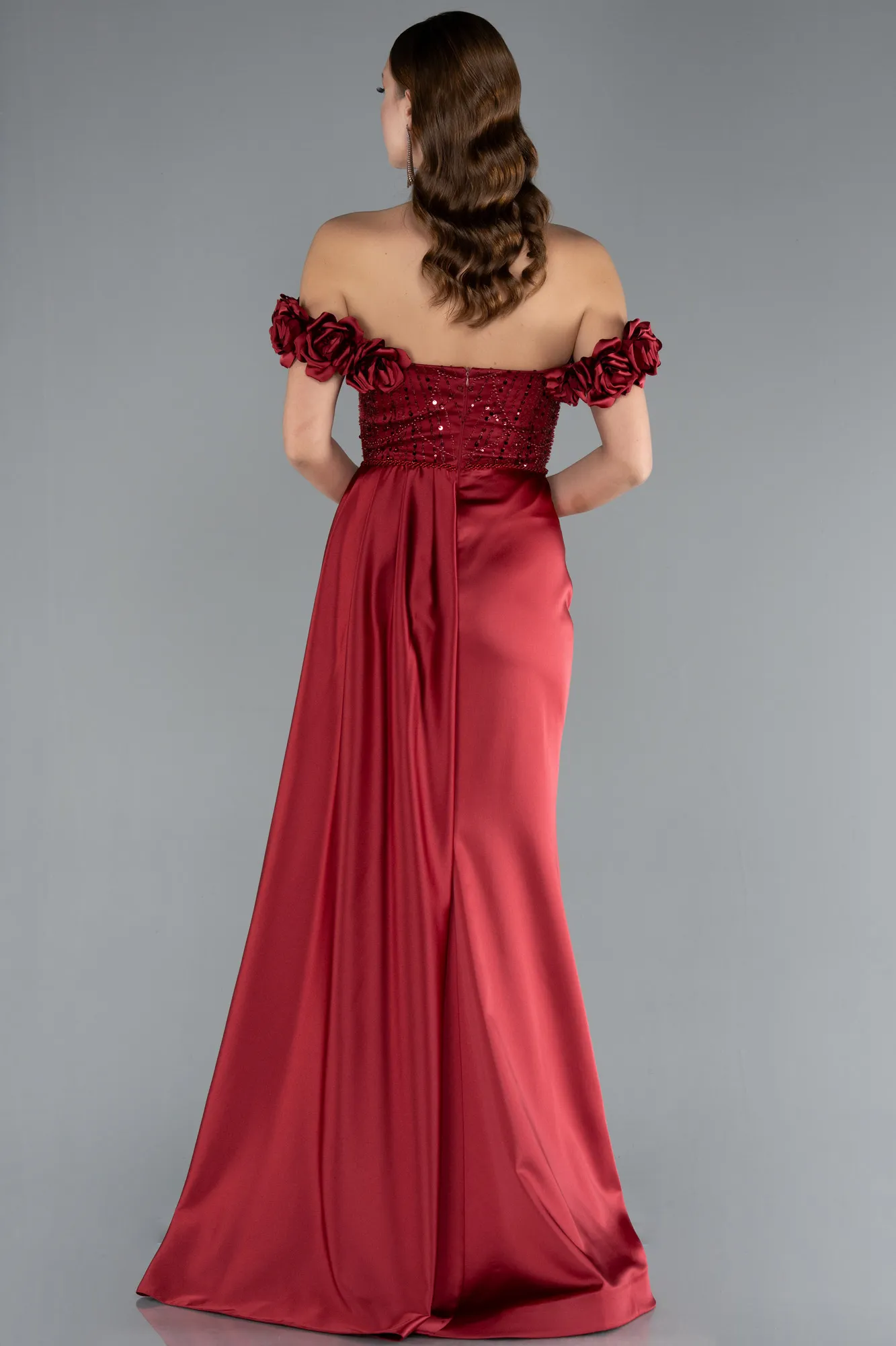 Burgundy-Long Satin Evening Dress ABU4895
