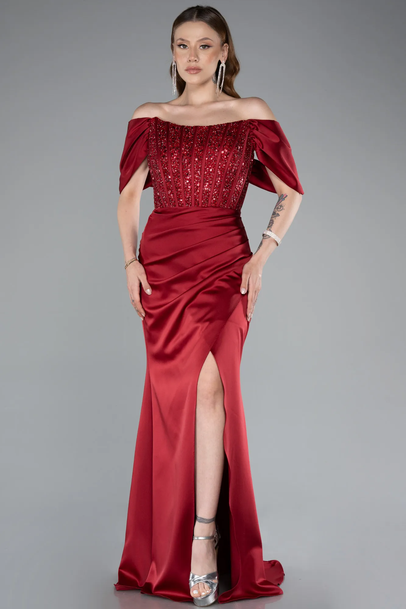 Burgundy-Long Satin Evening Dress ABU4974