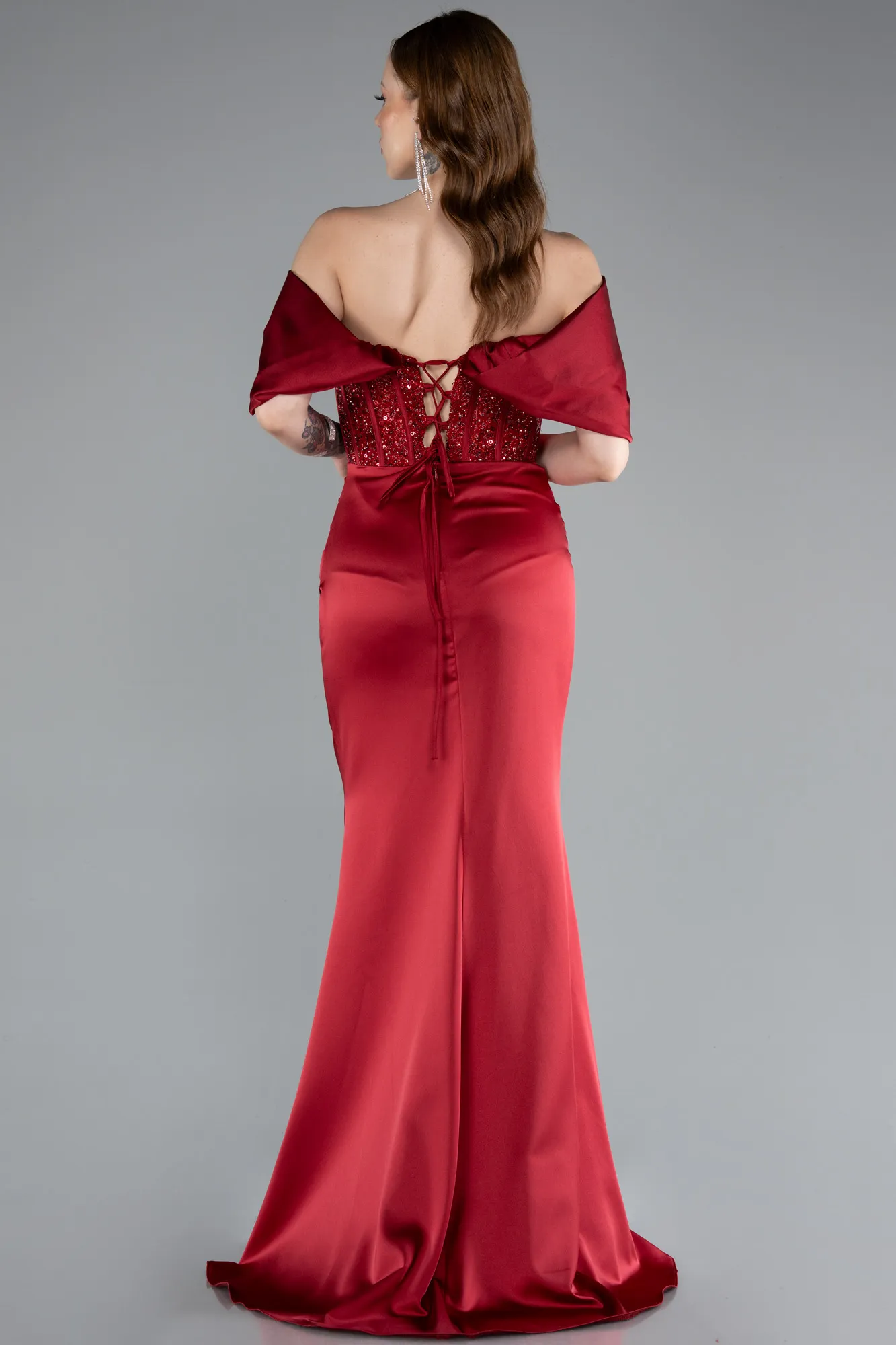Burgundy-Long Satin Evening Dress ABU4974