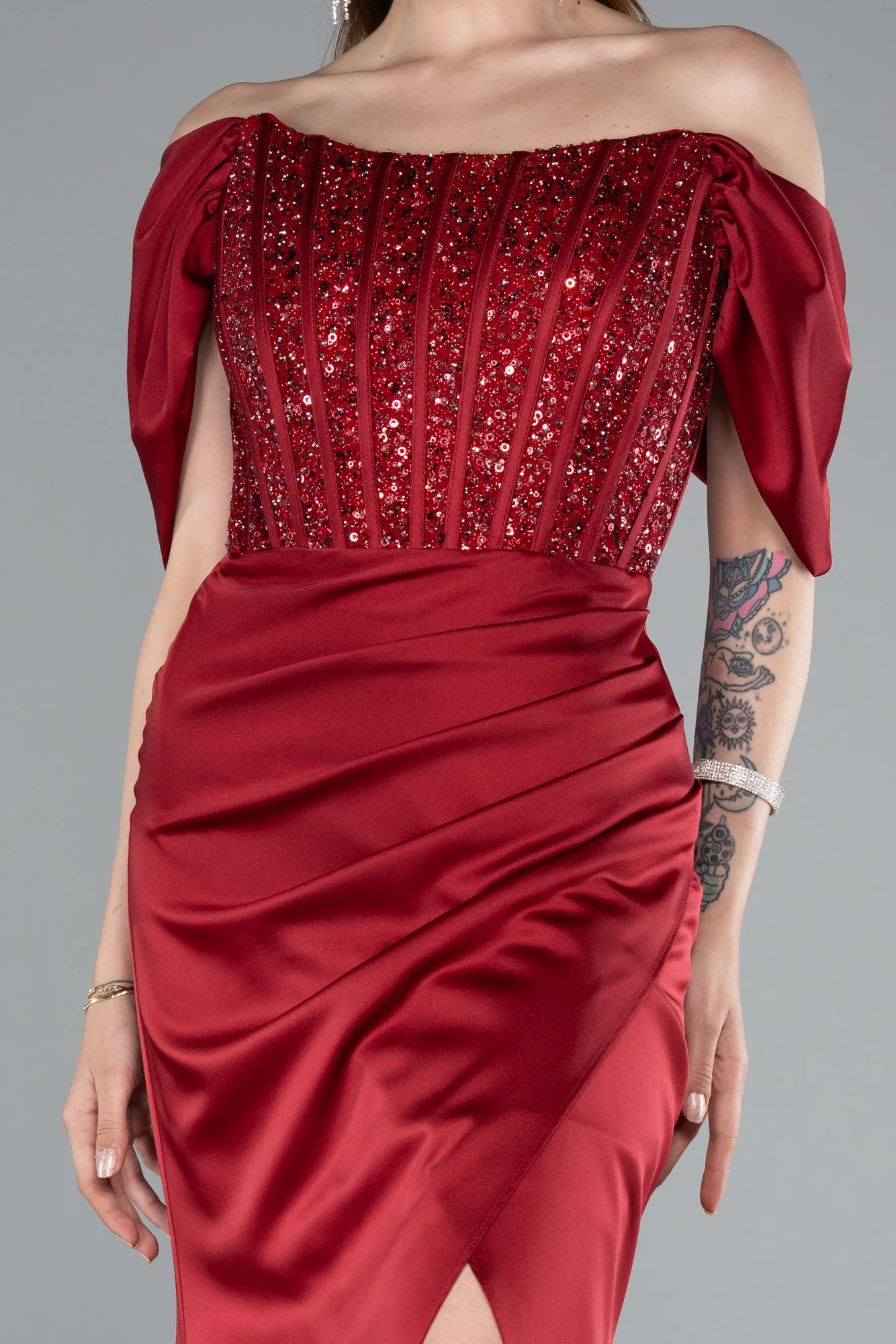 Burgundy-Long Satin Evening Dress ABU4974