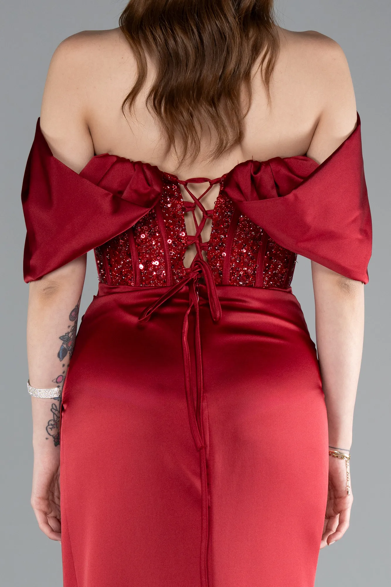 Burgundy-Long Satin Evening Dress ABU4974