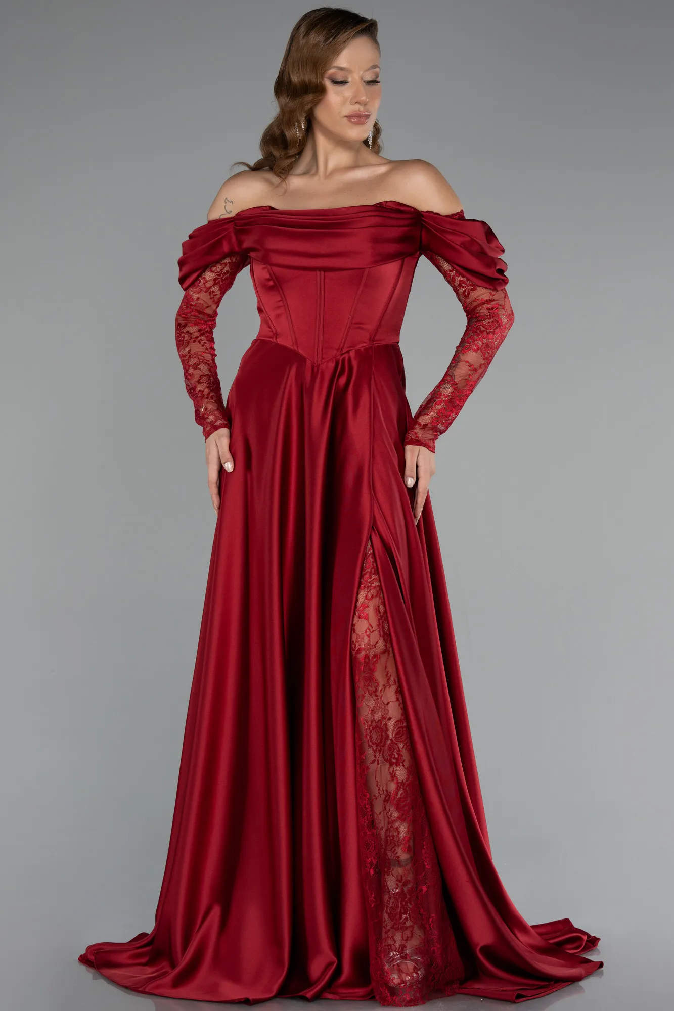 Burgundy-Long Satin Evening Dress ABU5054