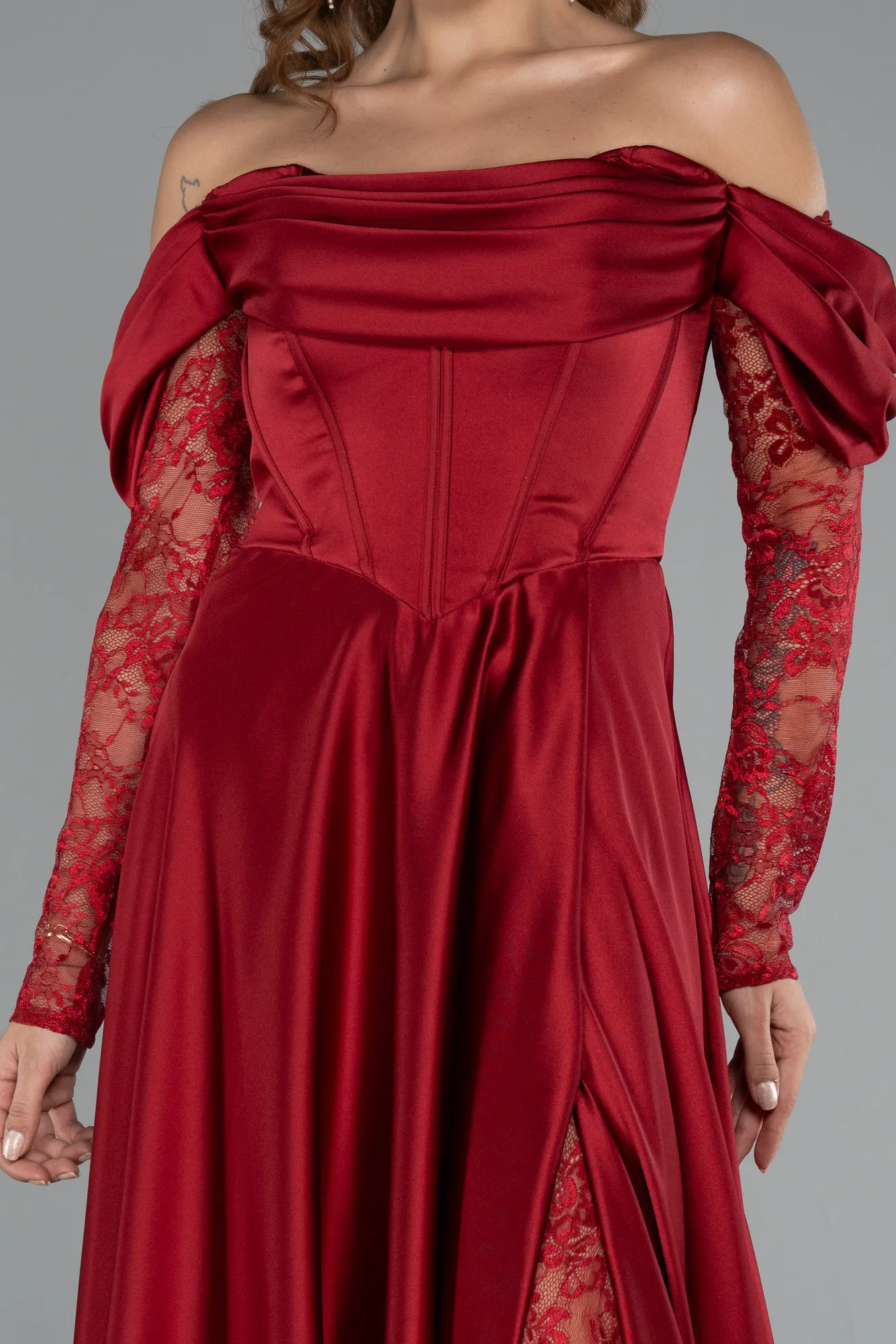 Burgundy-Long Satin Evening Dress ABU5054