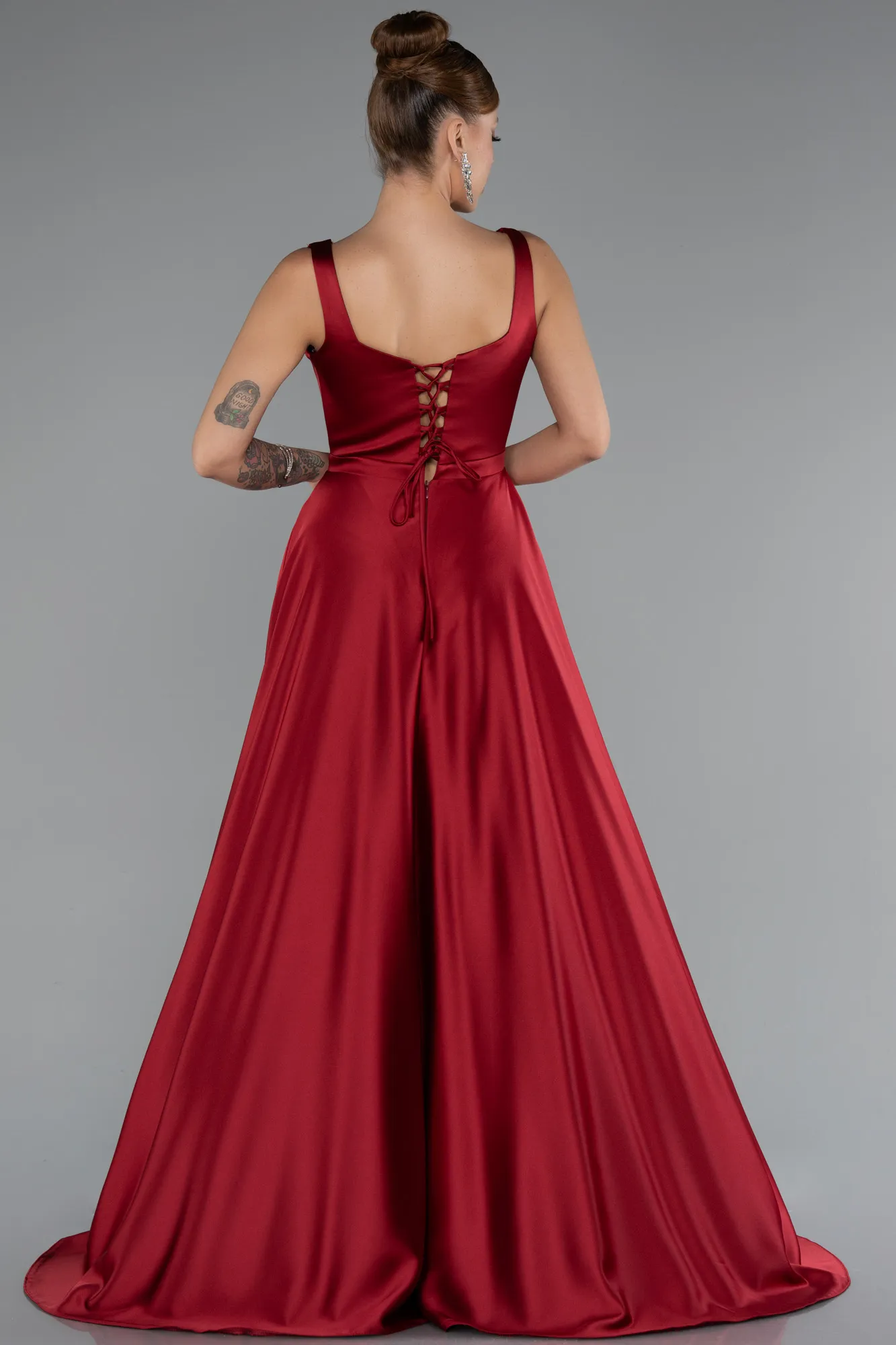 Burgundy-Long Satin Evening Dress ABU5136