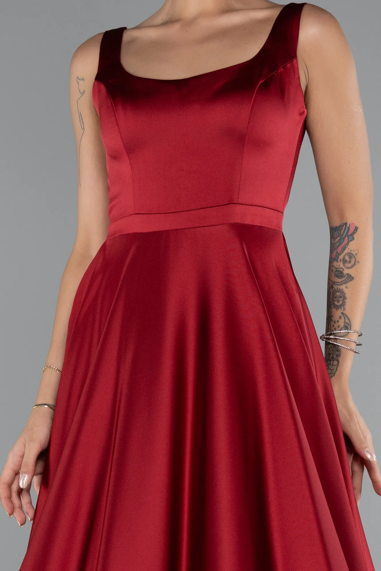 Burgundy-Long Satin Evening Dress ABU5136