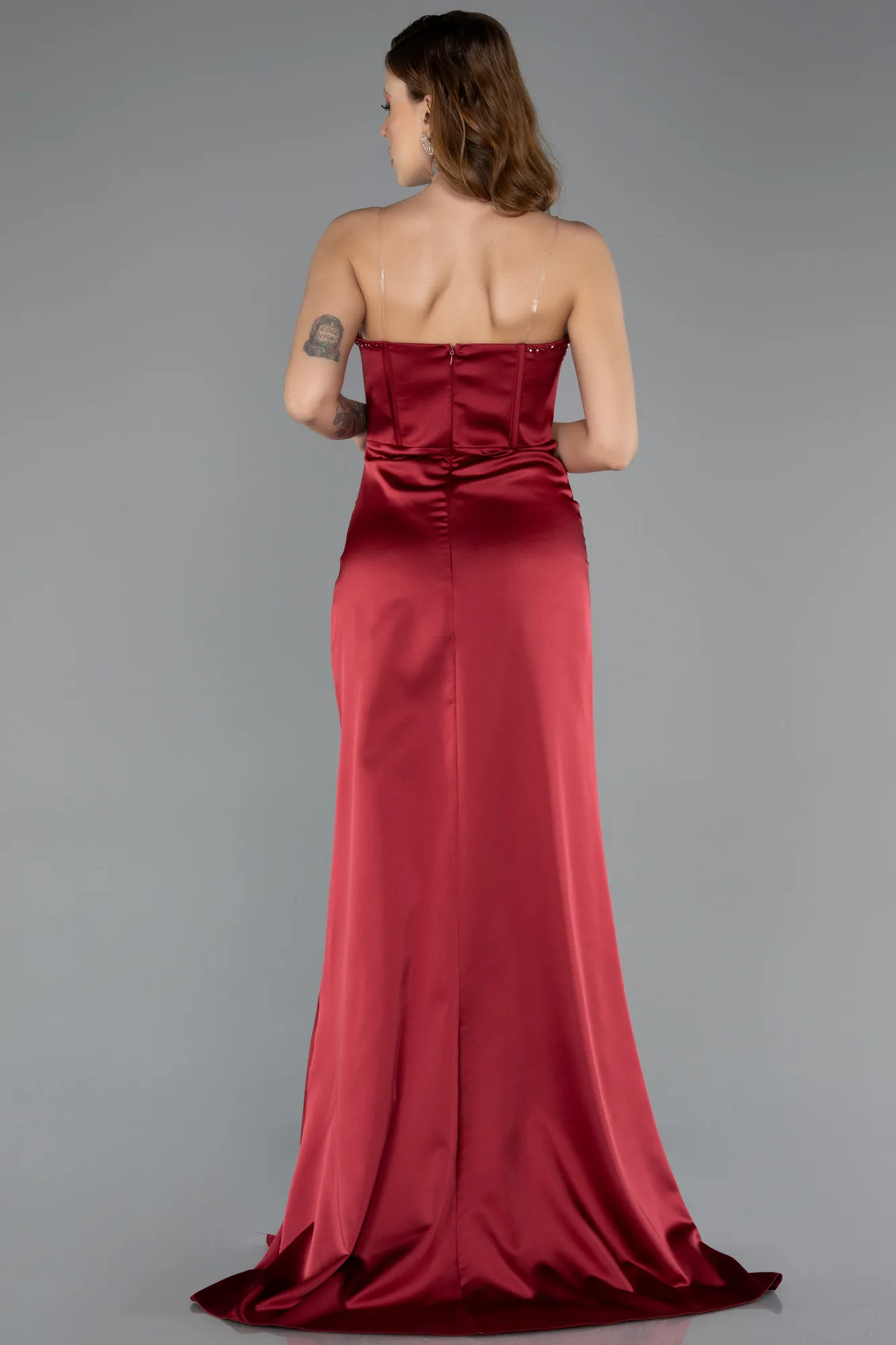 Burgundy-Long Satin Evening Dress ABU5499