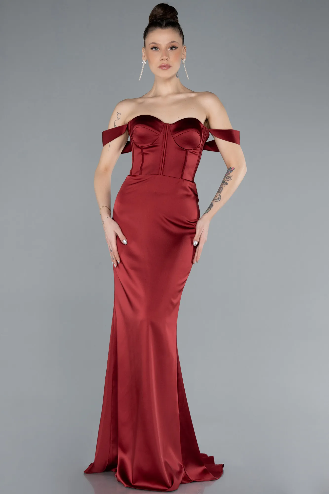 Burgundy-Long Satin Mermaid Prom Dress ABU4665