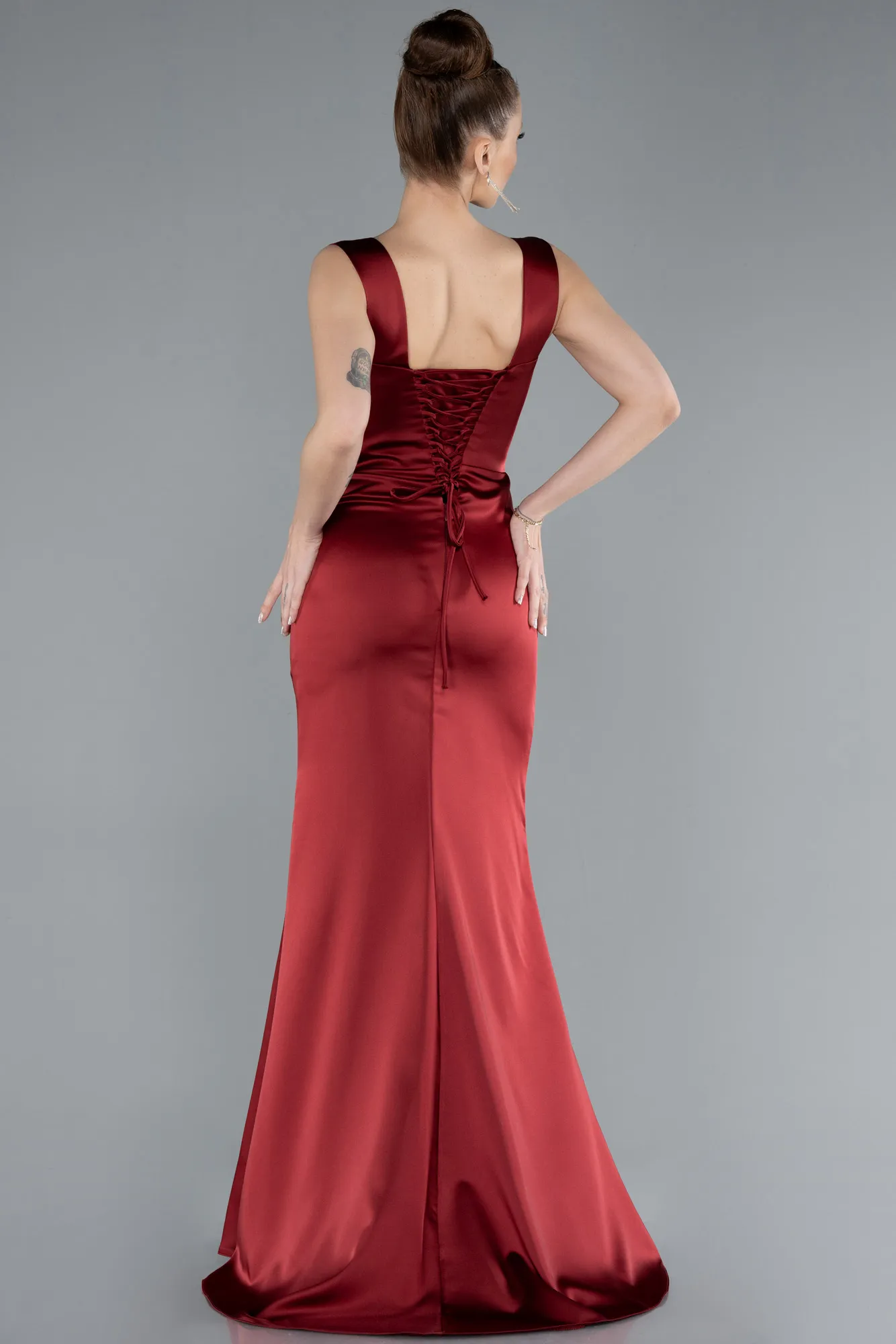 Burgundy-Long Satin Mermaid Prom Dress ABU4665