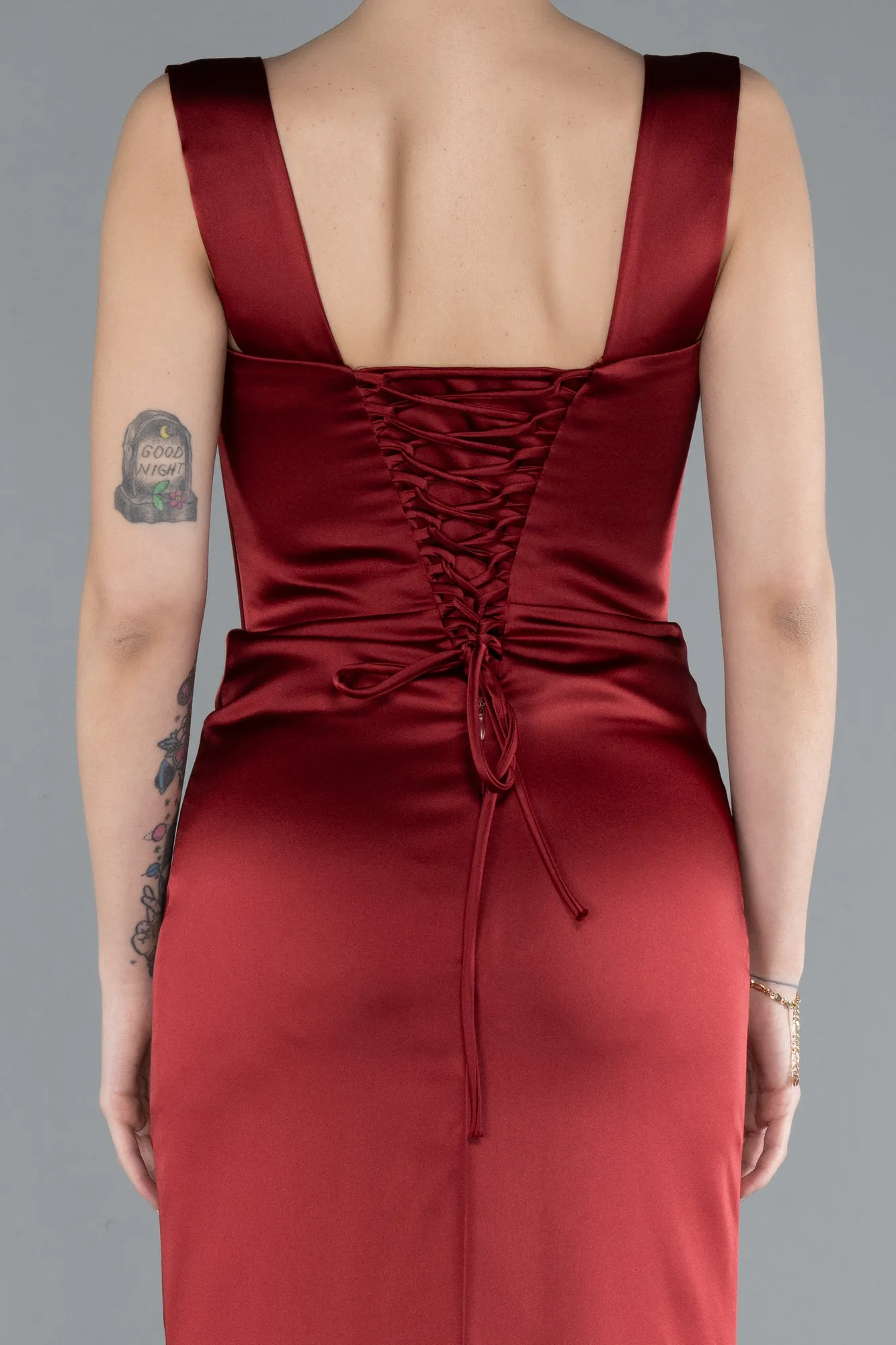 Burgundy-Long Satin Mermaid Prom Dress ABU4665