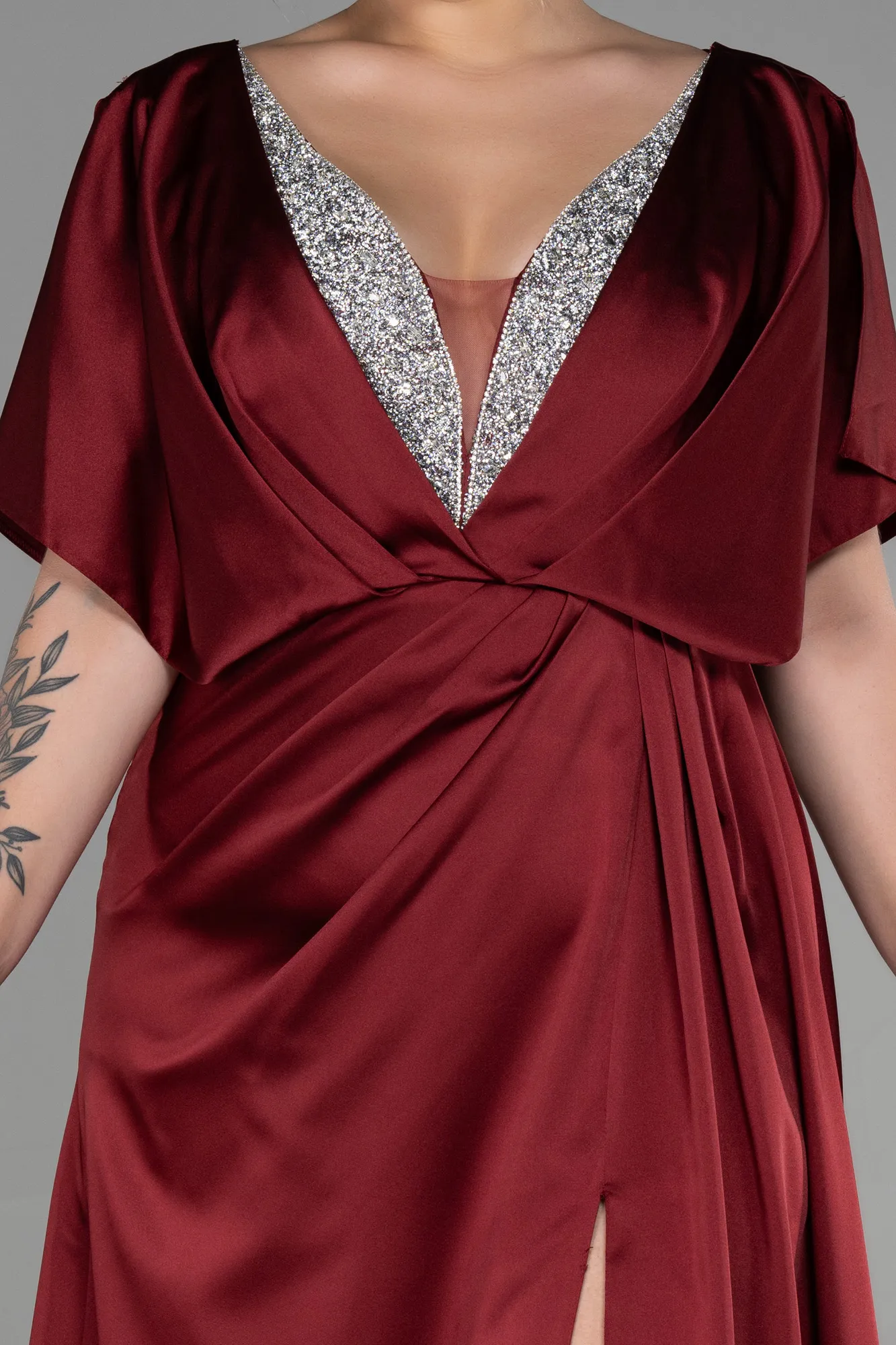 Burgundy-Long Satin Plus Size Engagement Dress ABU3442