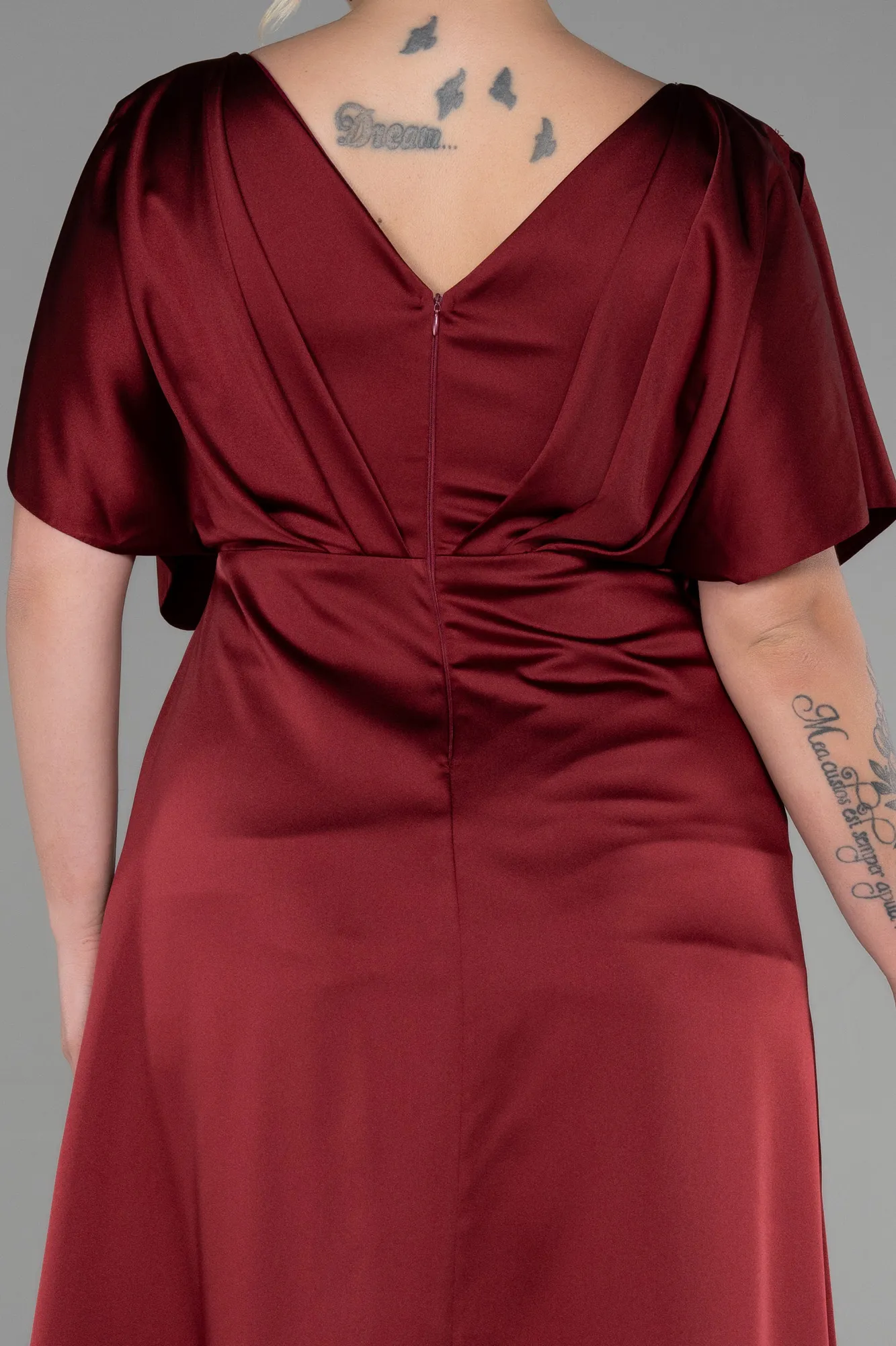 Burgundy-Long Satin Plus Size Engagement Dress ABU3442