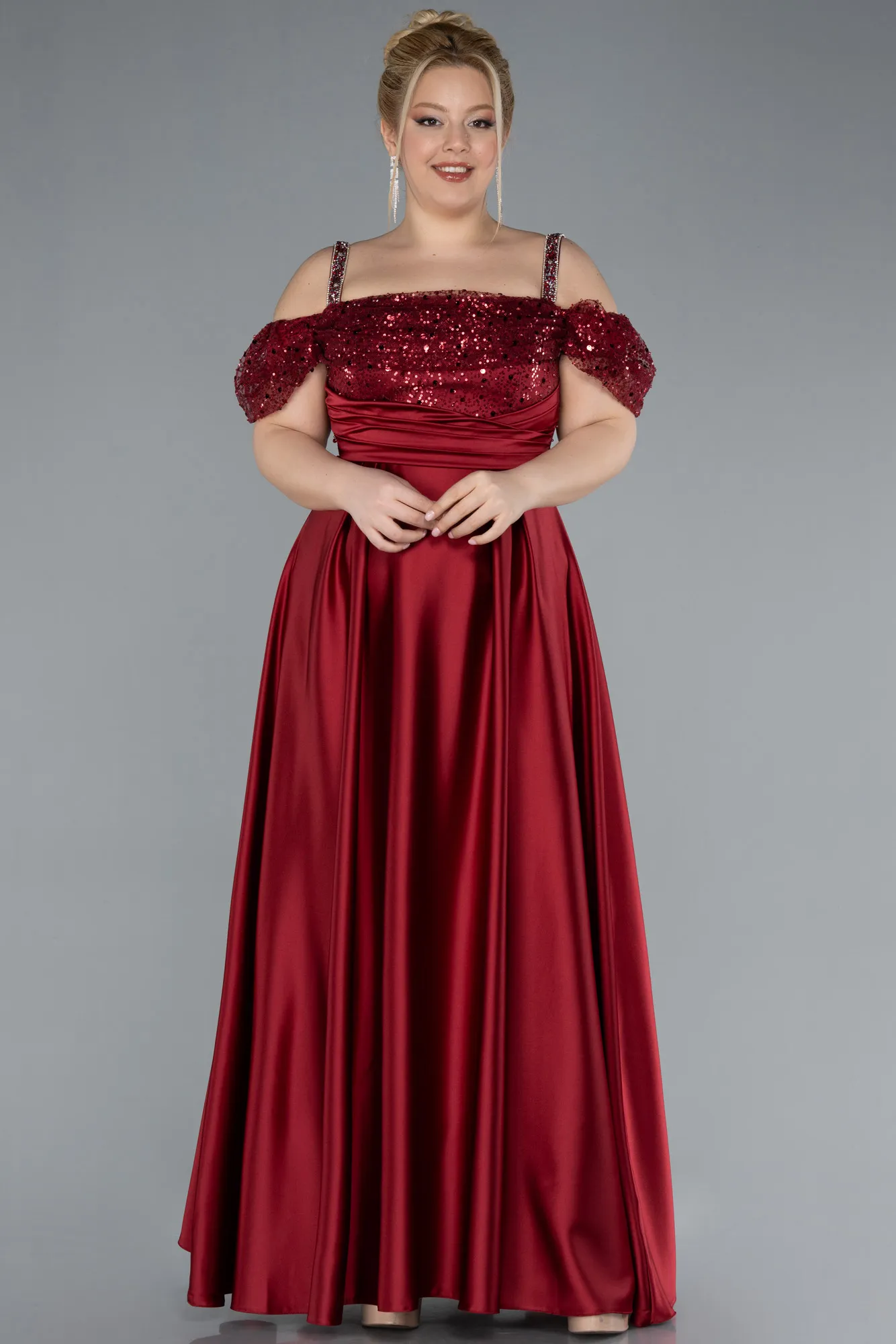 Burgundy-Long Satin Plus Size Engagement Dress ABU4628
