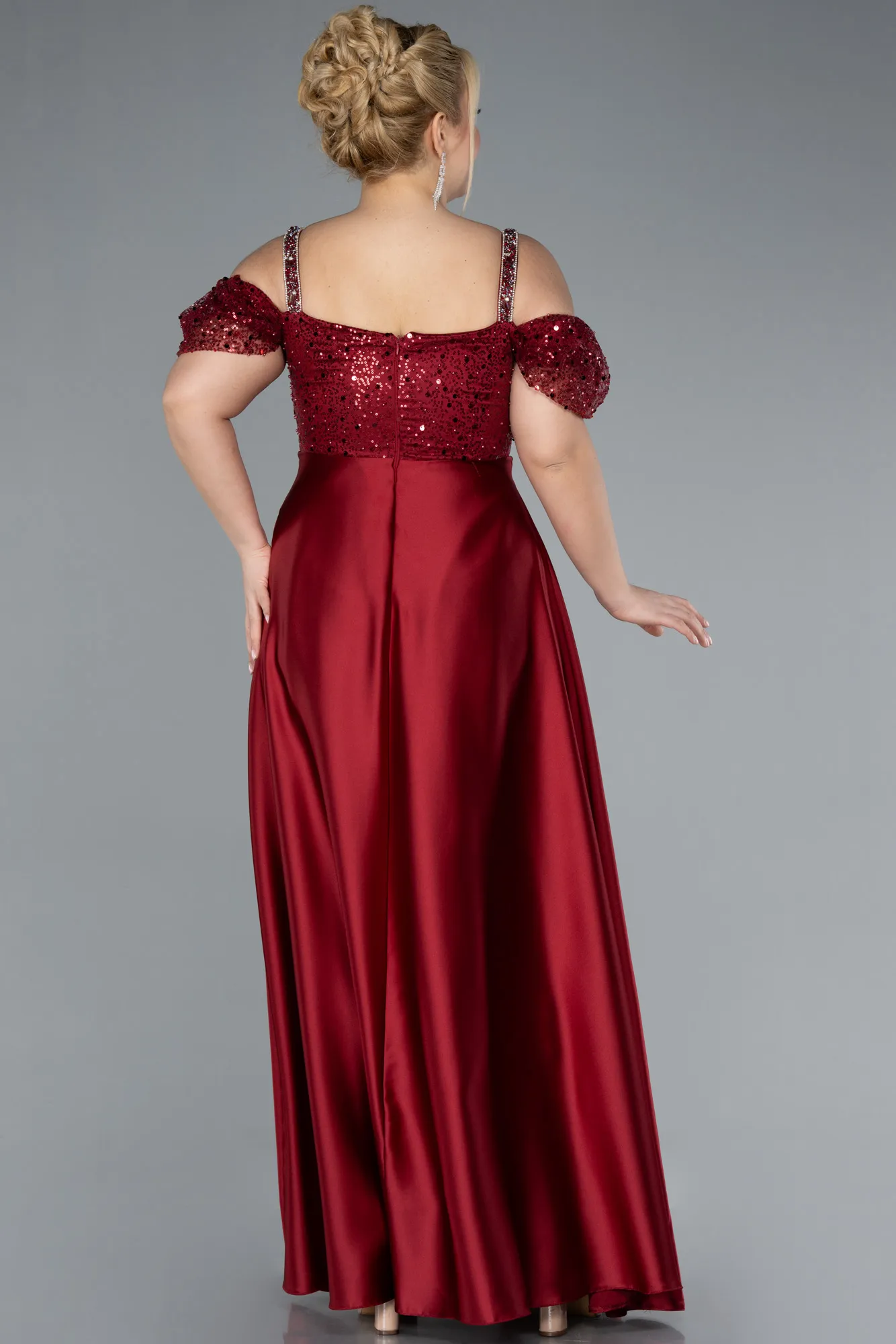 Burgundy-Long Satin Plus Size Engagement Dress ABU4628