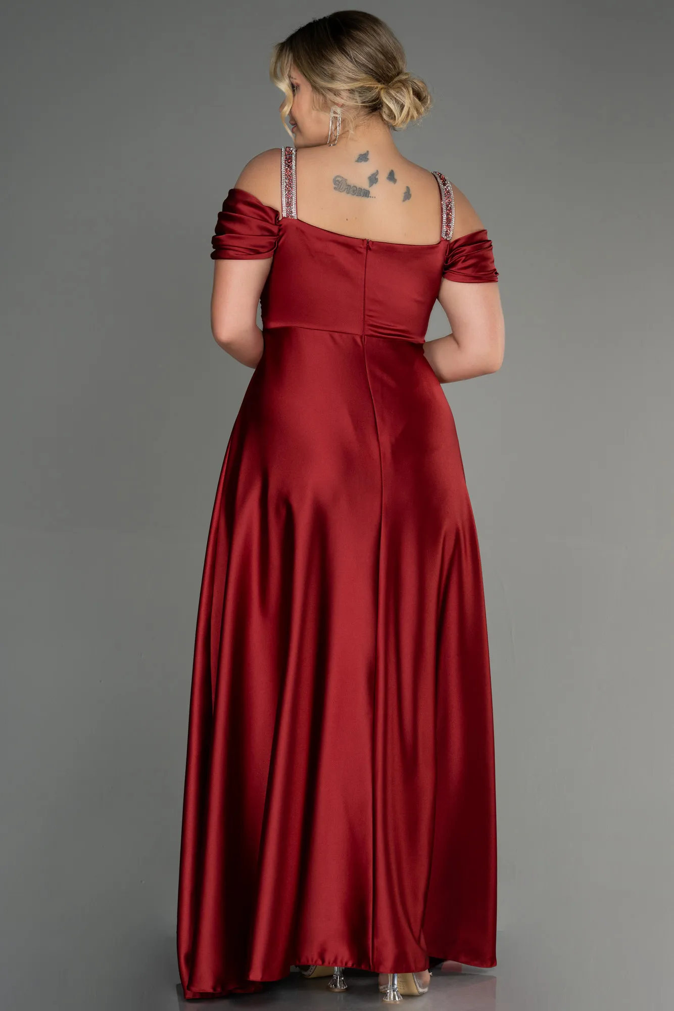 Burgundy-Long Satin Plus Size Evening Dress ABU3277