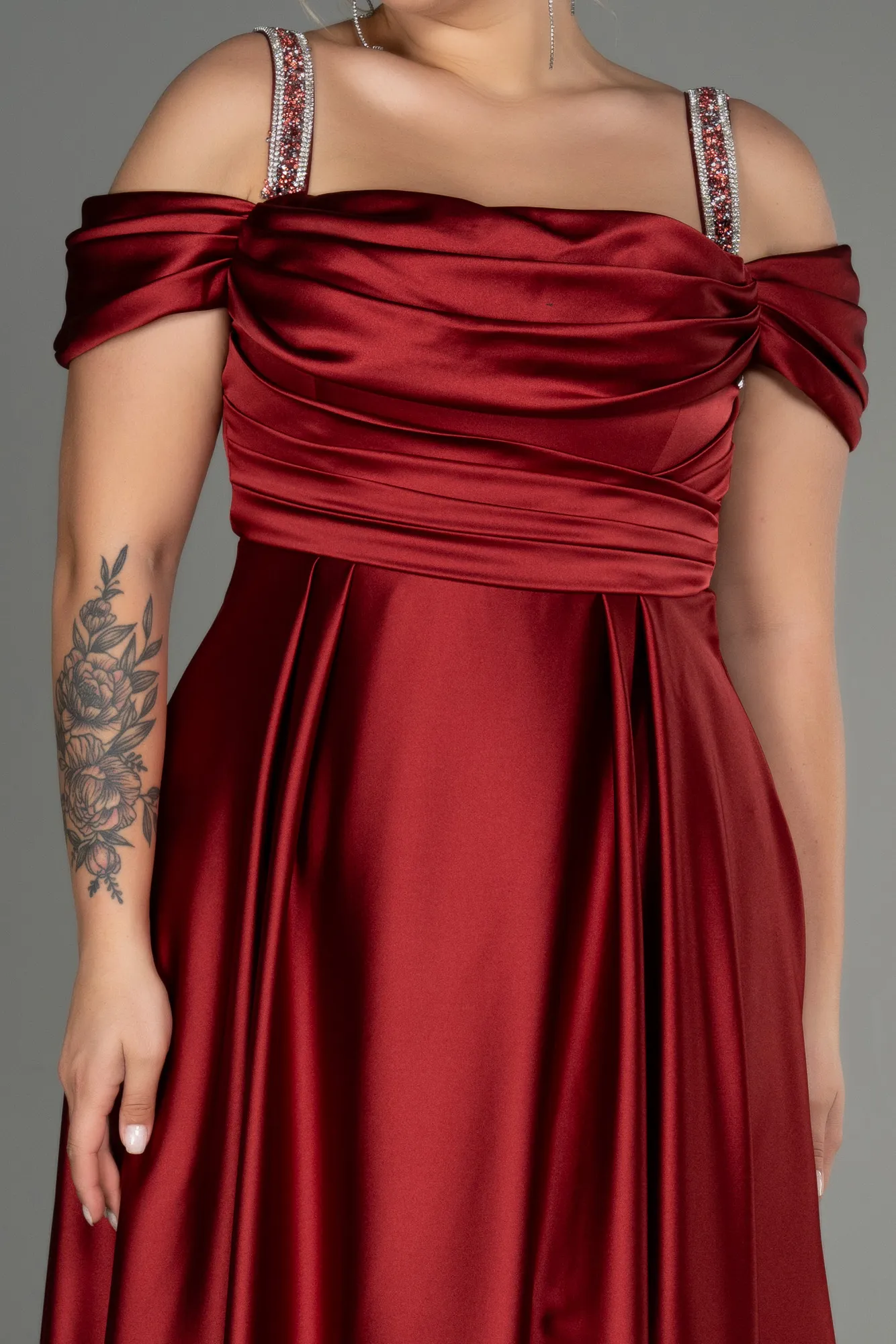 Burgundy-Long Satin Plus Size Evening Dress ABU3277