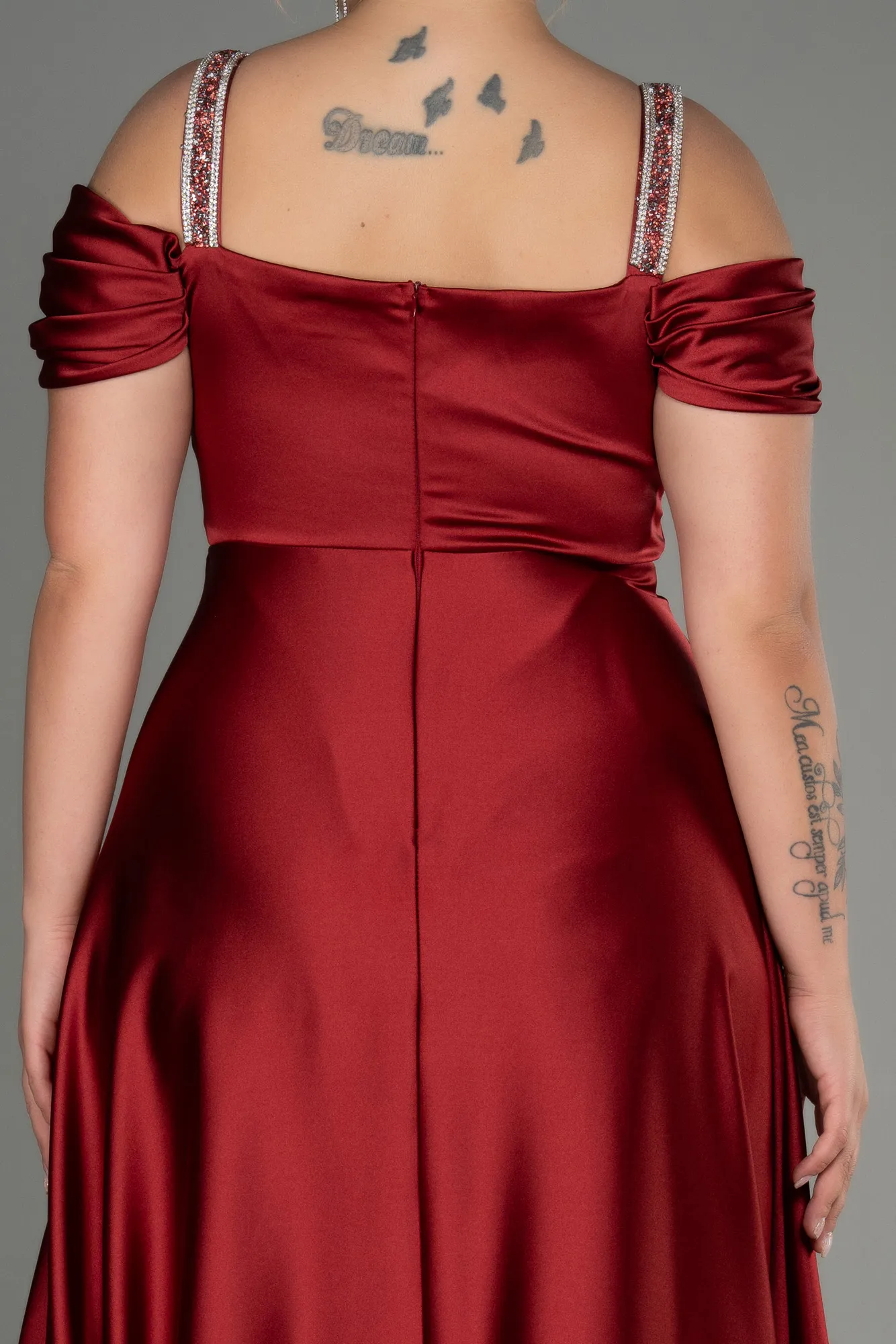 Burgundy-Long Satin Plus Size Evening Dress ABU3277