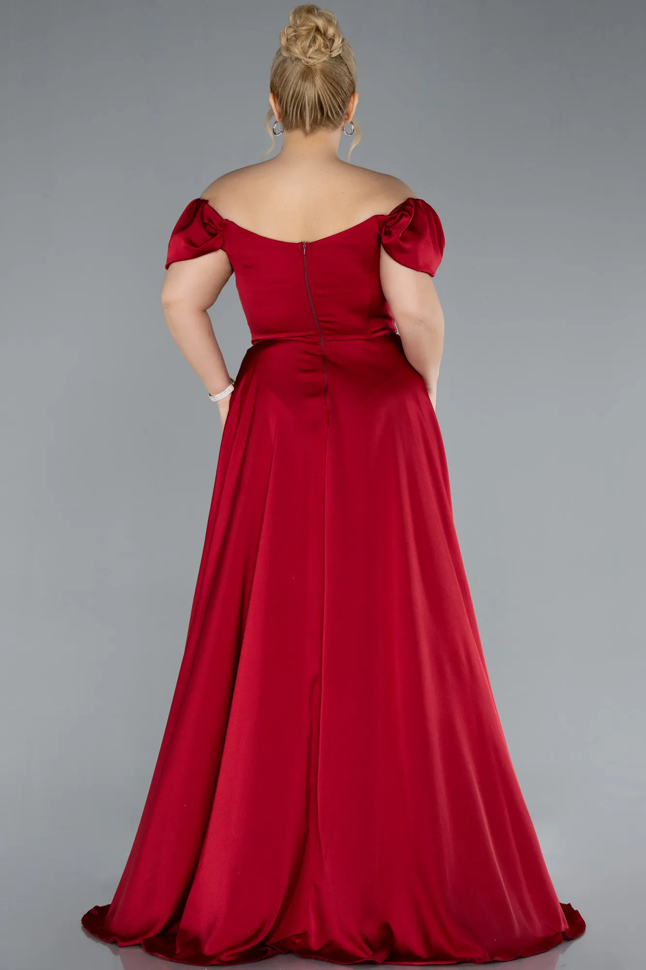 Burgundy-Long Satin Plus Size Evening Dress ABU4576