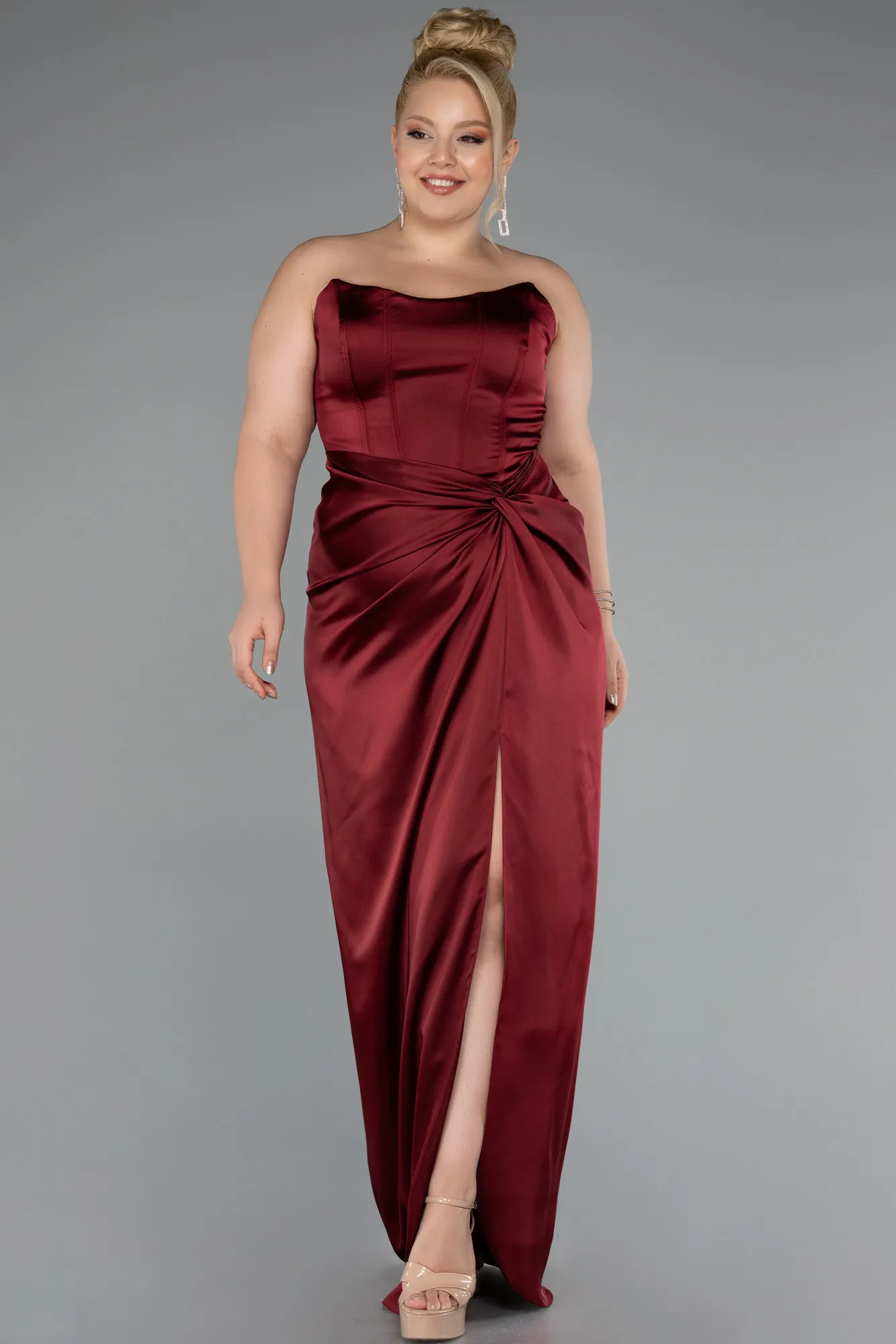 Burgundy-Long Satin Plus Size Evening Gown ABU5179