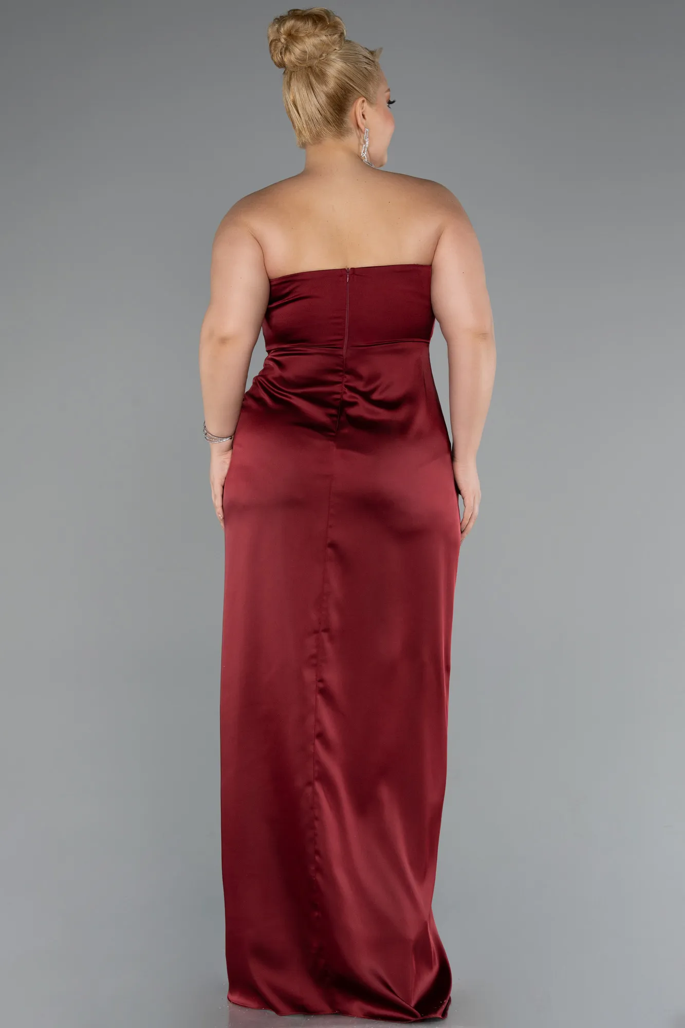 Burgundy-Long Satin Plus Size Evening Gown ABU5179